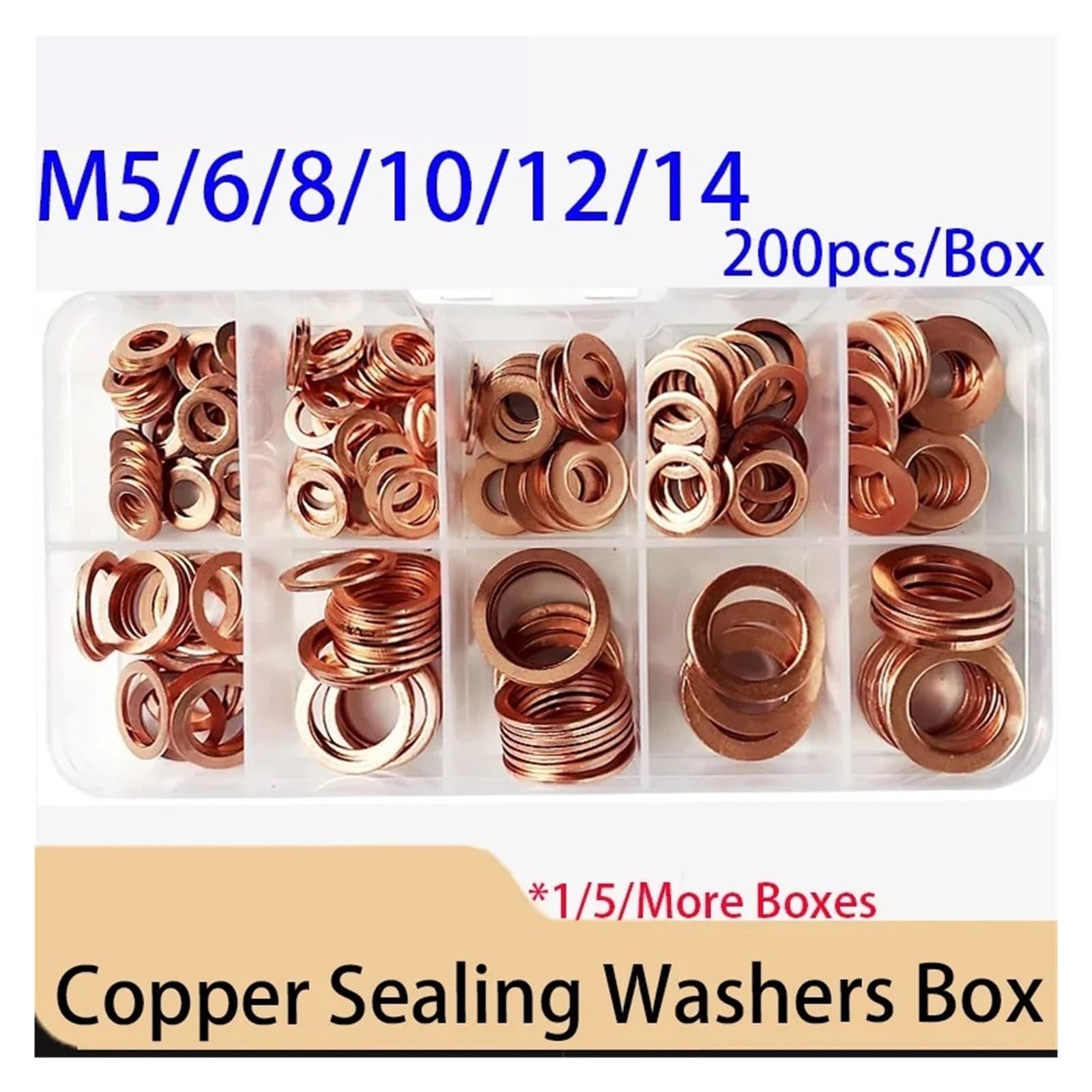 Arandelas Cobre, 200 Piezas/Caja de Arandelas de Sellado métricas de Cobre de 9 tamaños - Kit Surtido de Arandelas Planas M5, M6, M8, M10, M12 y M14(5 Boxes)