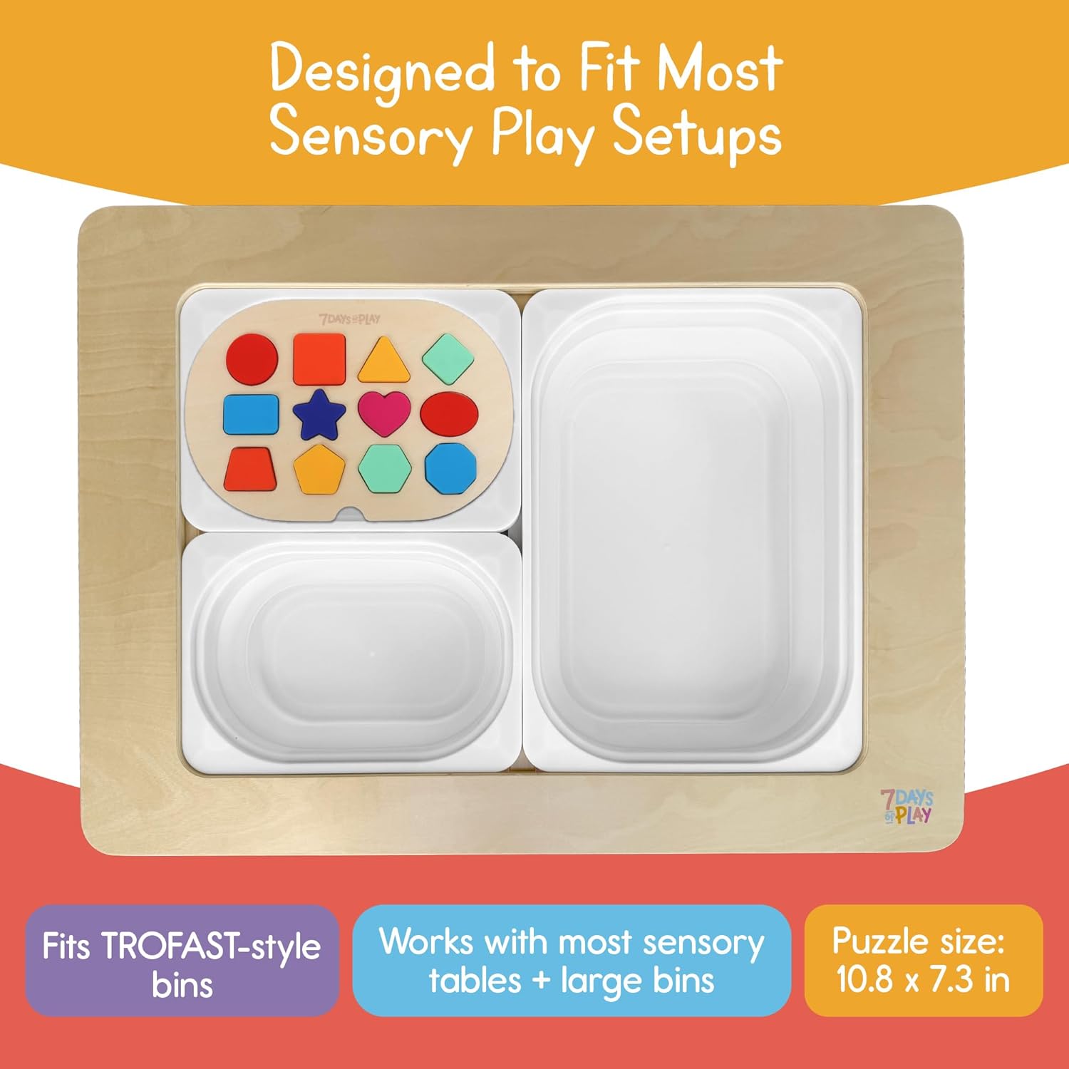 Shape Puzzle for Kids, Sensory Bin Insert for Sensory Tables, Silicone Geometric Shapes, Wooden Fine Motor Learning Toy by 7 Days of Play