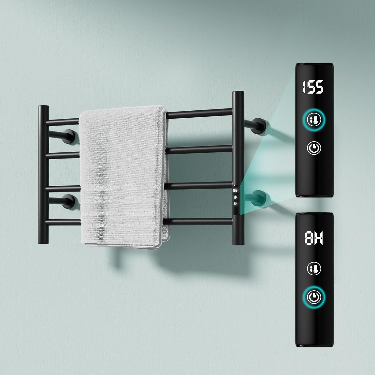 Heated Towel Warmer with Timer – 4-Bar Horizontal Rack, Wall-Mounted, Round Design, Classic Black Finish for Bathroom