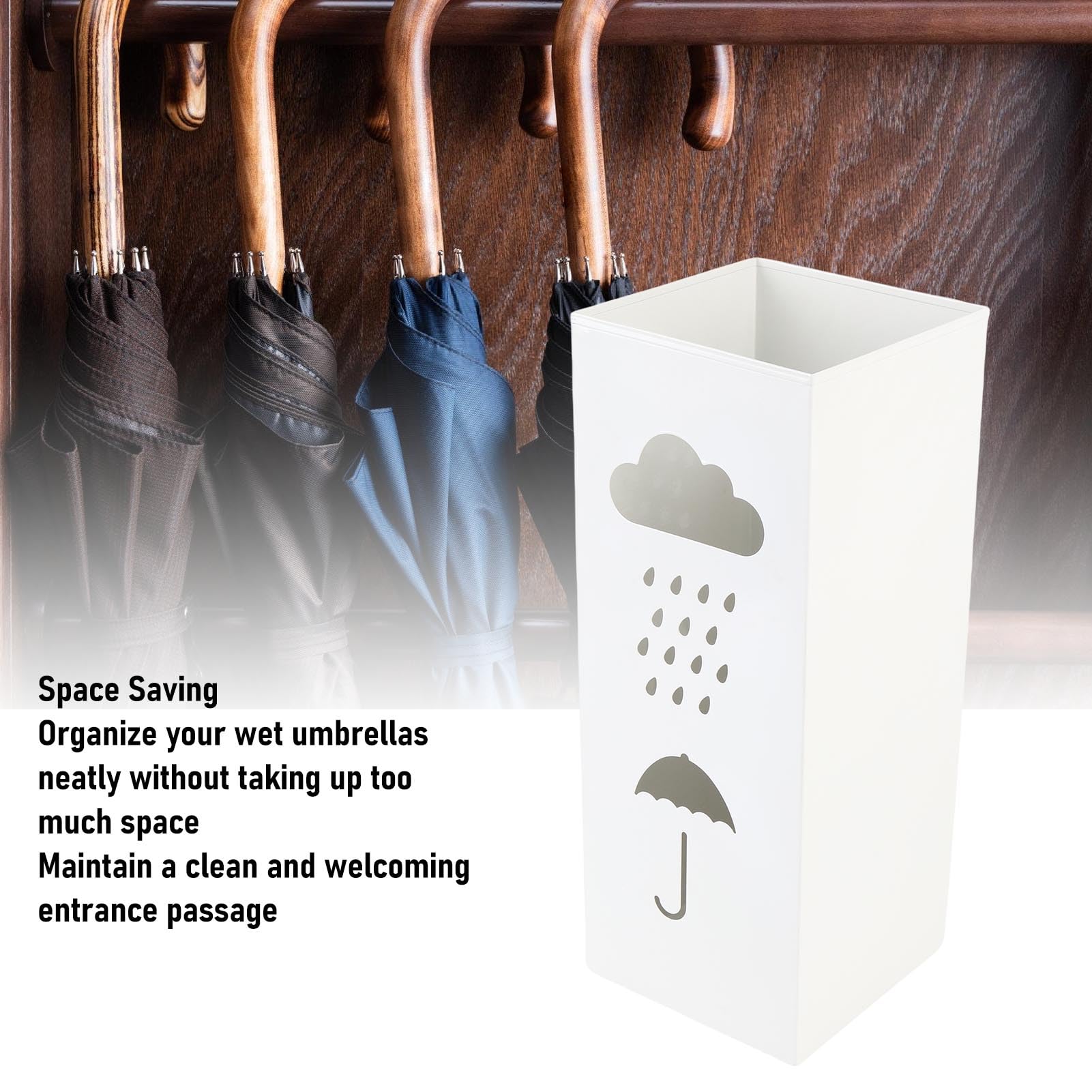 Wisoqu Umbrella Stands, Hollow Design Metal Umbrella Stand for Canes, Walking Sticks, Umbrellas, Freestanding Rectangular Hollow Rack for Home, Office, 16.5 x 6.5 x 6.5in, White