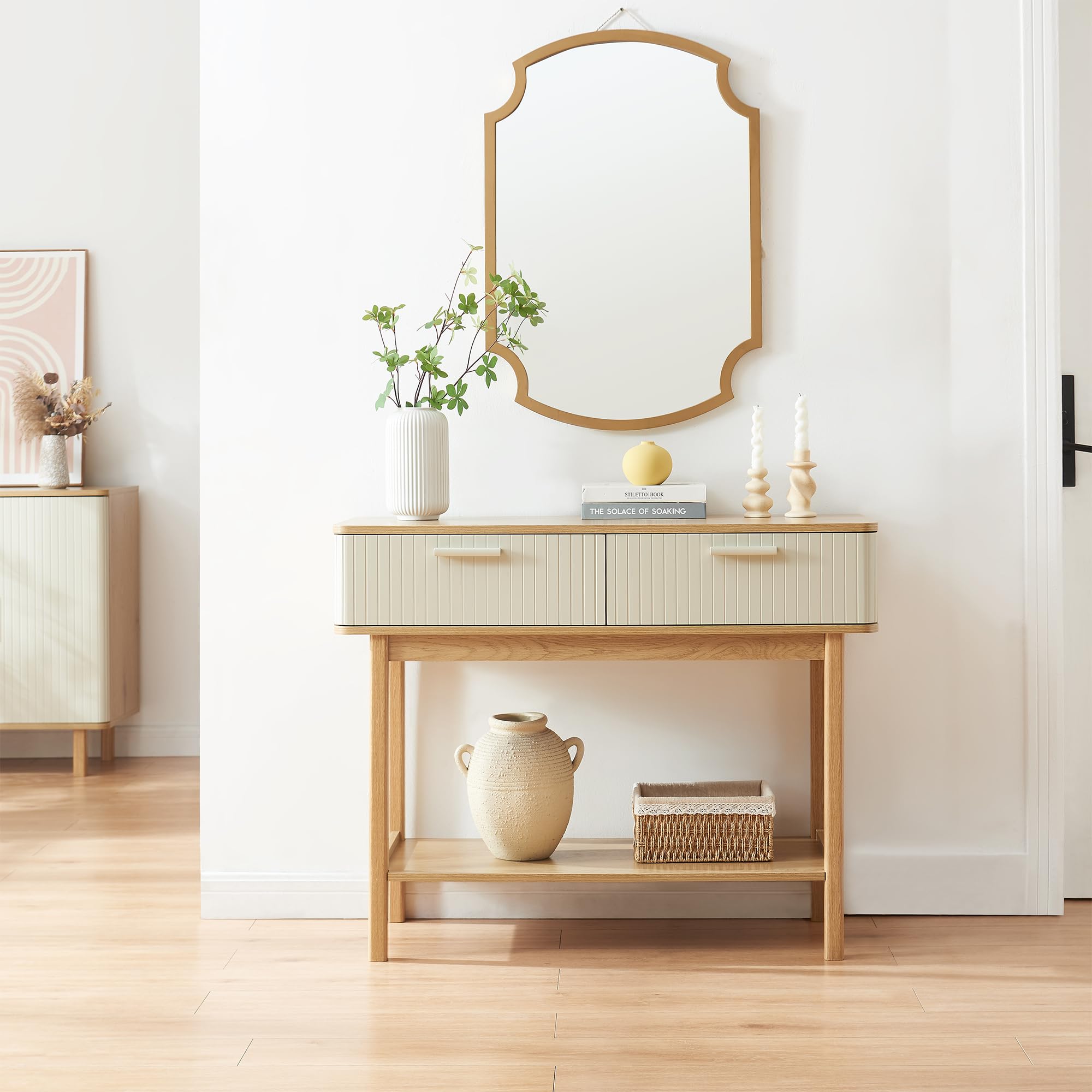 [en.casa] Mueble Recibidor Ferrersp Mesa Consola Mesa de Entrada con 2 Cajones y 1 Estante MDF Patas de Pino 100 x 40 x 80 cm - Roble/Oatmeal