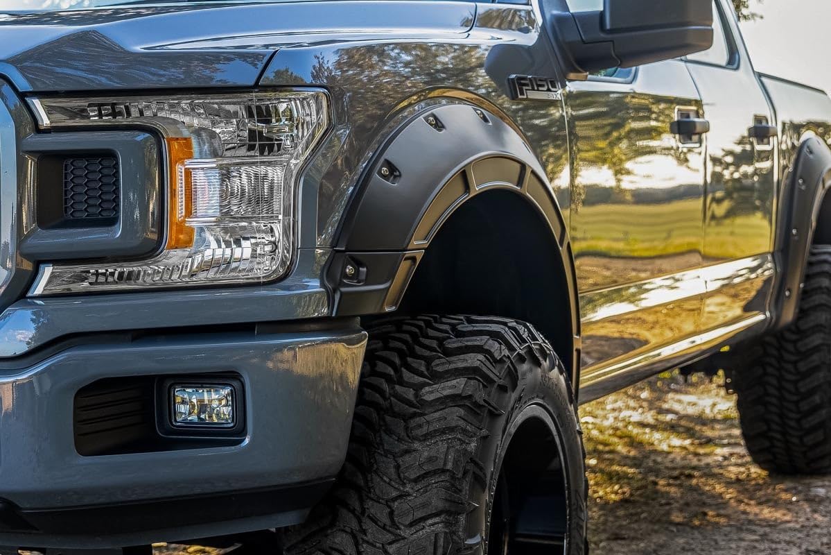 Rough Country Defender Fender Flares for Ford F-150 (2015–2020) – 2" Extra Tire Coverage, 6" Flare Height, UV-Protected Korad ABS, Paintable Matte Black