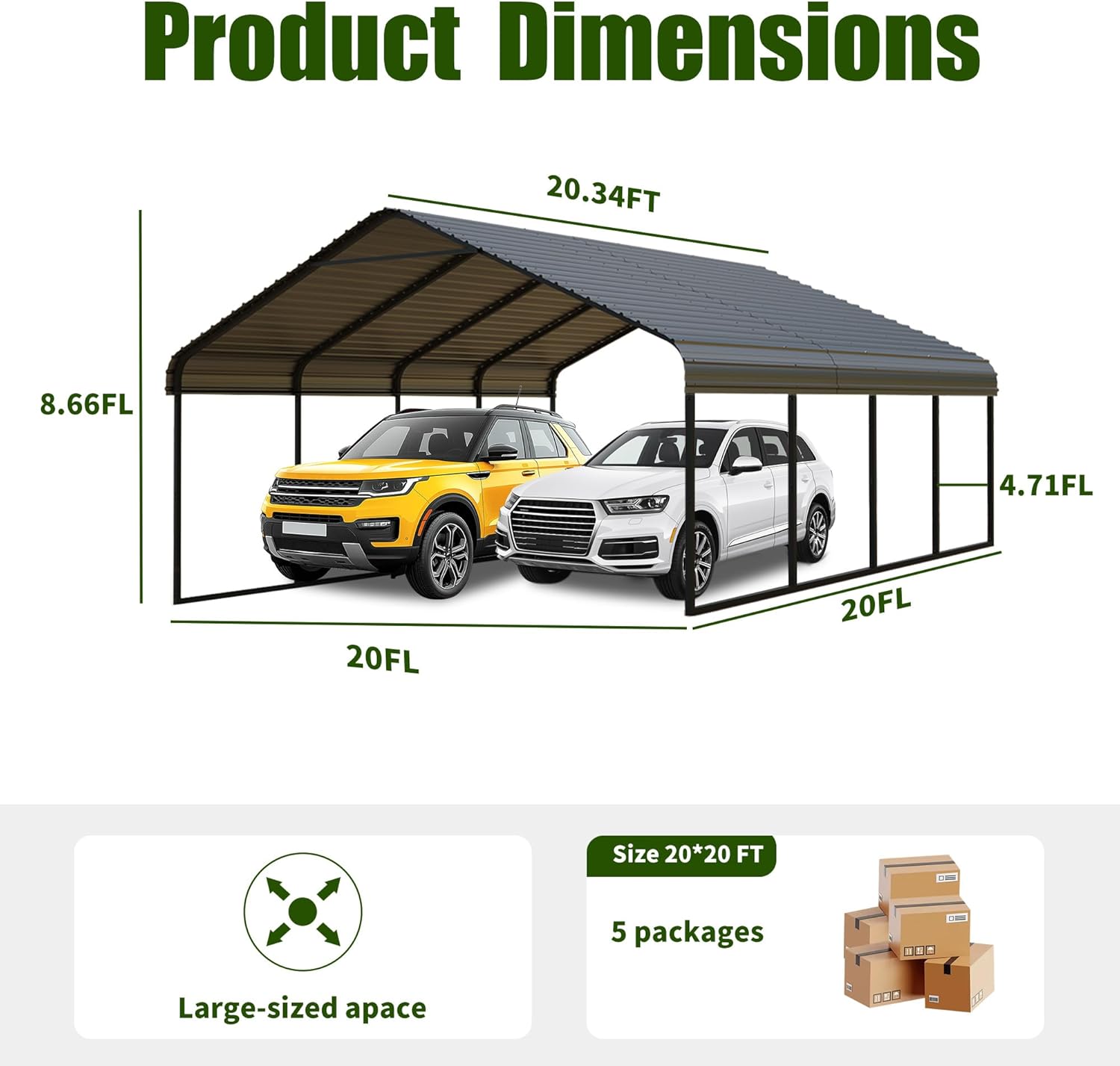 Diagram showing product dimensions and packaging details for the Poborin 20x20 FT Metal Carport.