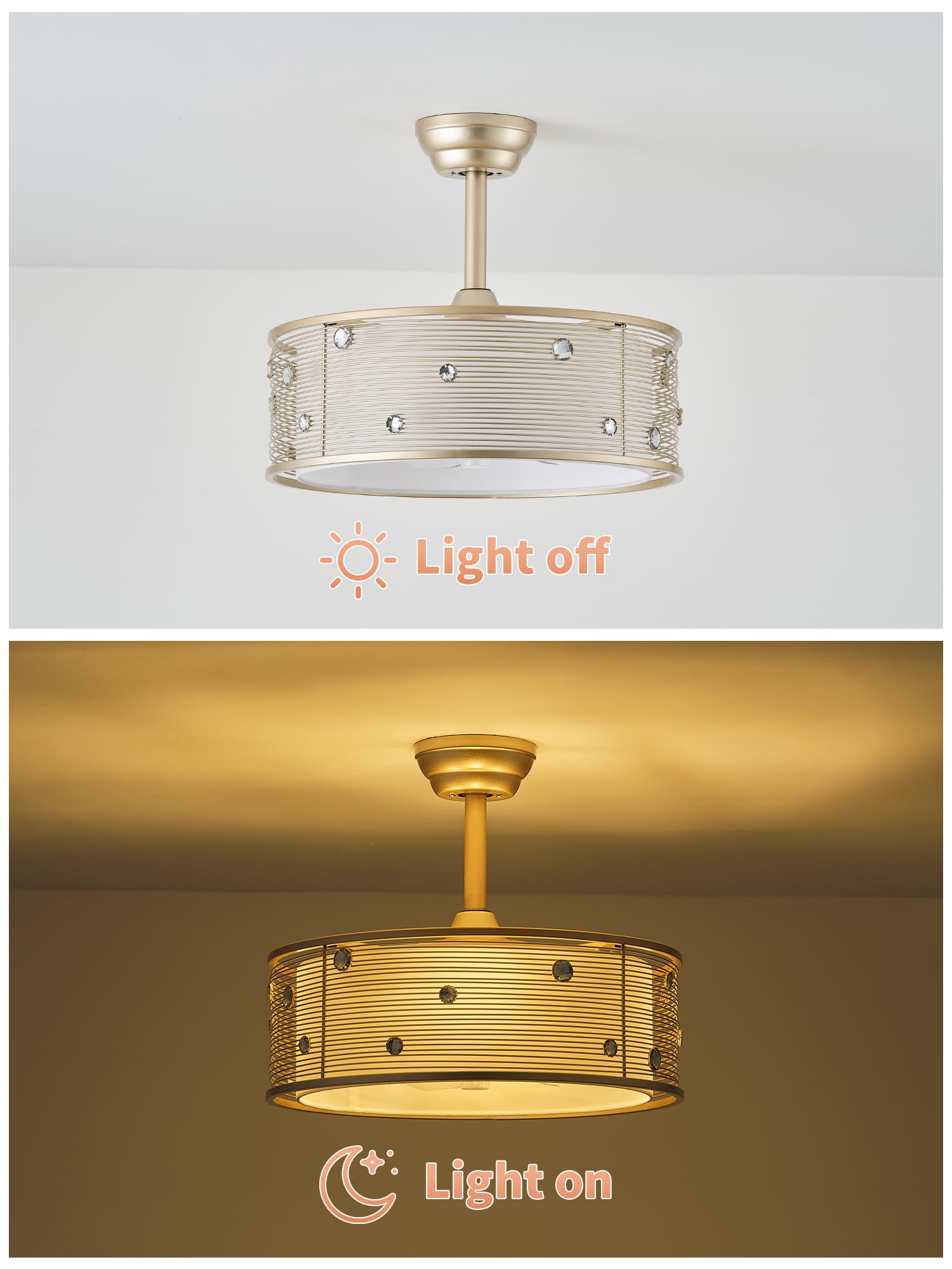 MizWacky Gold Crystal Fandelier Ceiling Fans with Lights, 20" Gold Flower Chandelier Ceiling Fan with Light Remote Control, Caged Mid-Century with 6 Speeds for Bedroom, Nursery, Living Room: Gold