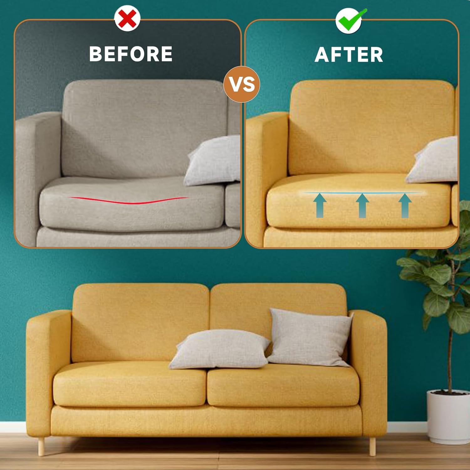 22"×22" Couch Cushion Support for Sagging Seat, 2-Pack 40D Square High-Density Foam Sofa Cushion Support Board,Couch Supporter for Under The Cushions,Black (Black, 2PCS)