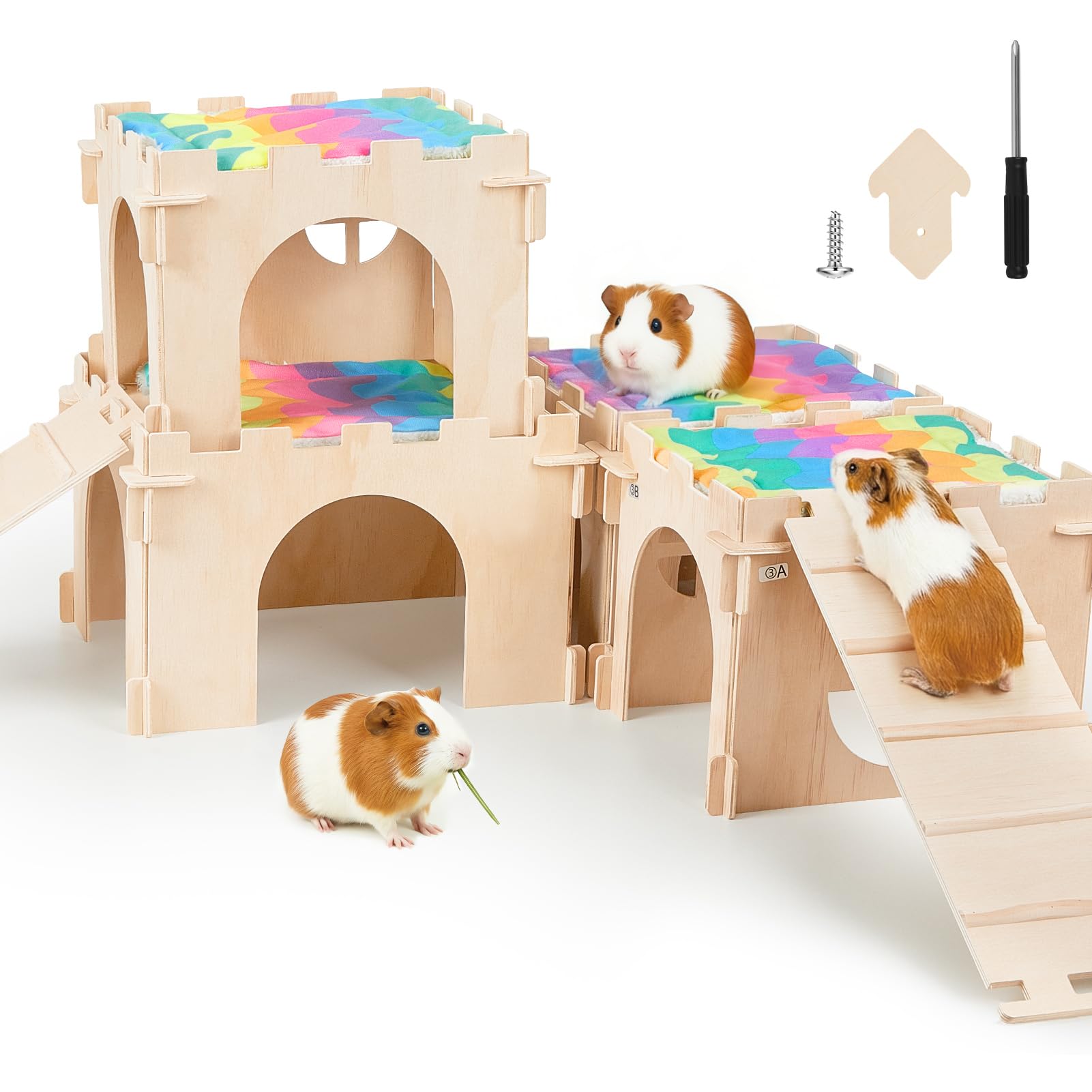 Guinea Pig Hideout, Guinea Pigs House with Stairs and Mats Extra Large Guinea Piggy Castle Detachable Hideouts for Small Animals Wooden Guinea Pig Habitats with Multiple Doors and Windows