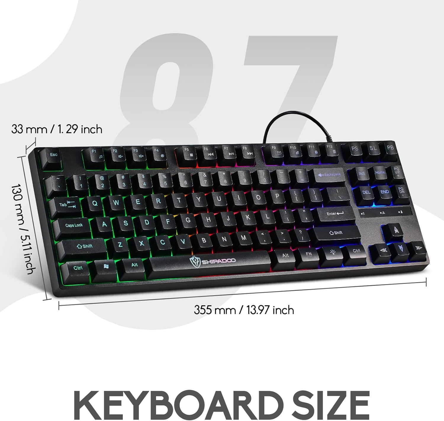 Image showing the dimensions of the Guiheng 87-Key Wired Gaming Keyboard