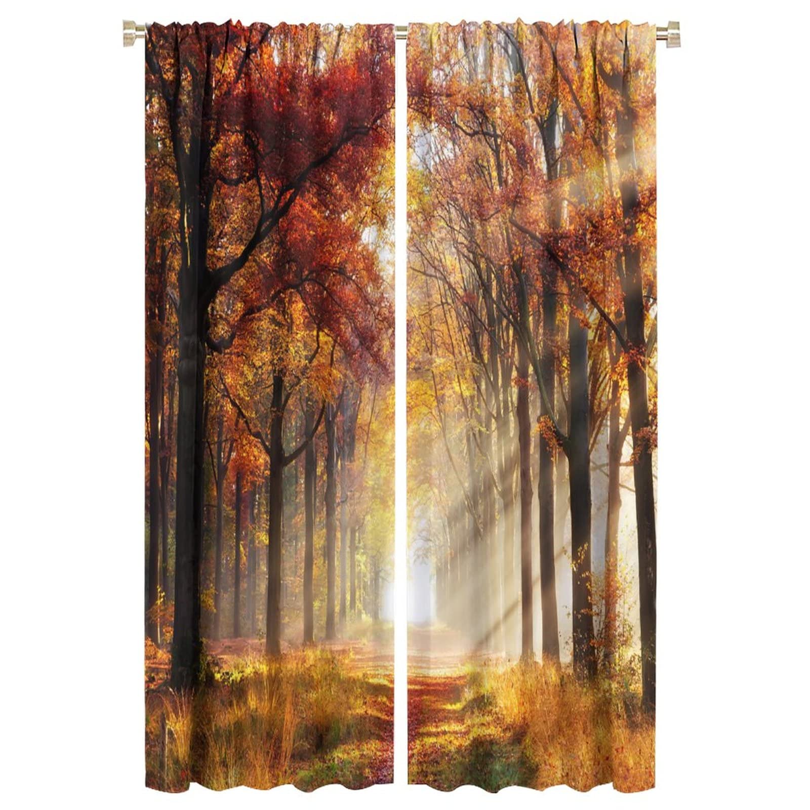 JESTRONRY Nature Kitchen Curtains,Country Forest Trees Sunshine Autumn Scenery,Living Room Bedroom Rod Pocket Window Drapes 2 Panel Set W42xL63in