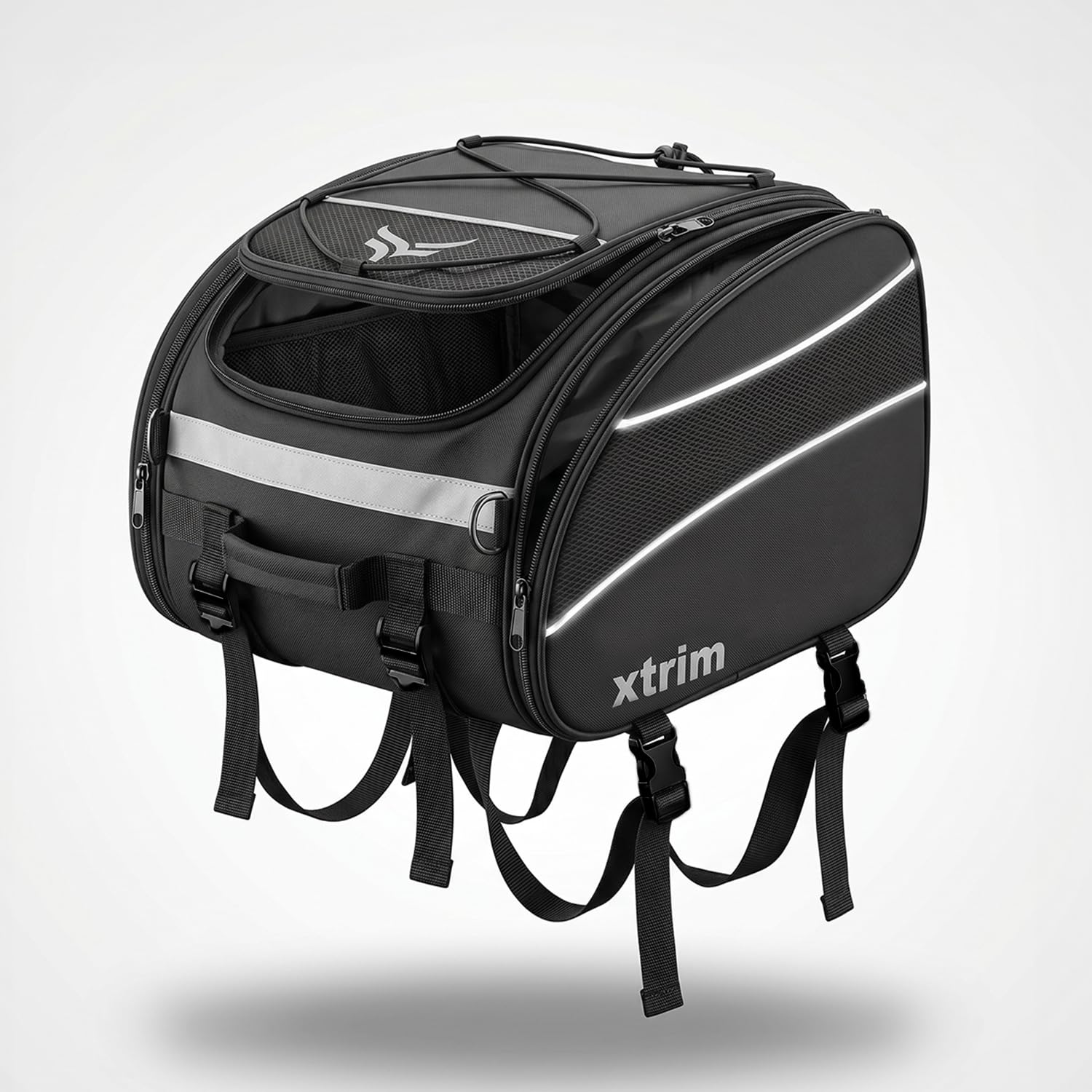 XTRIM 35L Motorcycle Tail Bag for All Bikes, Waterproof Polyester, Bike Luggage Bag with Rain & Dust Cover, Reflective Strips, Multiple Storage Pockets, 4-Point Mount Travel Bag for Riding & Touring