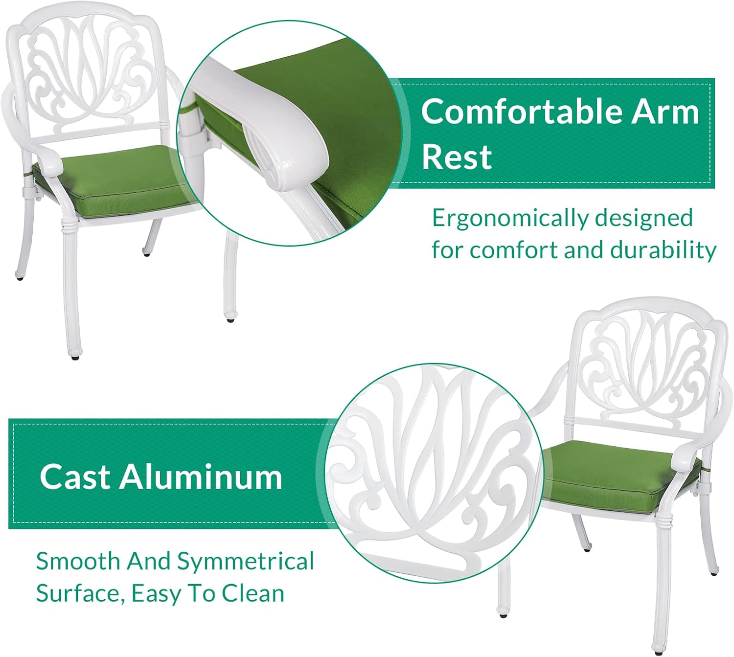 VIVIJASON 2-Piece Outdoor Bistro Dining Cushioned Chairs, Patio Cast Aluminum Dining Chairs, Patio Bistro Chair Set for Balcony, Lawn, Garden, Backyard, White