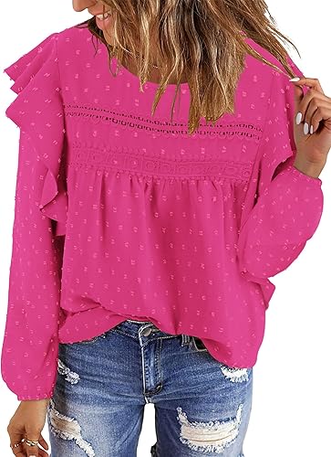 BETTE BOUTIK Womens Boho Fall Long Sleeve Shirts Crewneck Dressy Casual Blouses Trendy Flowy Tops