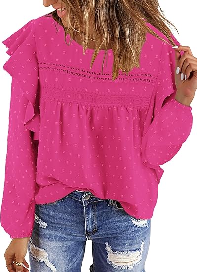 BETTE BOUTIK Womens Boho Fall Long Sleeve Shirts Crewneck Dressy Casual Blouses Trendy Flowy Tops