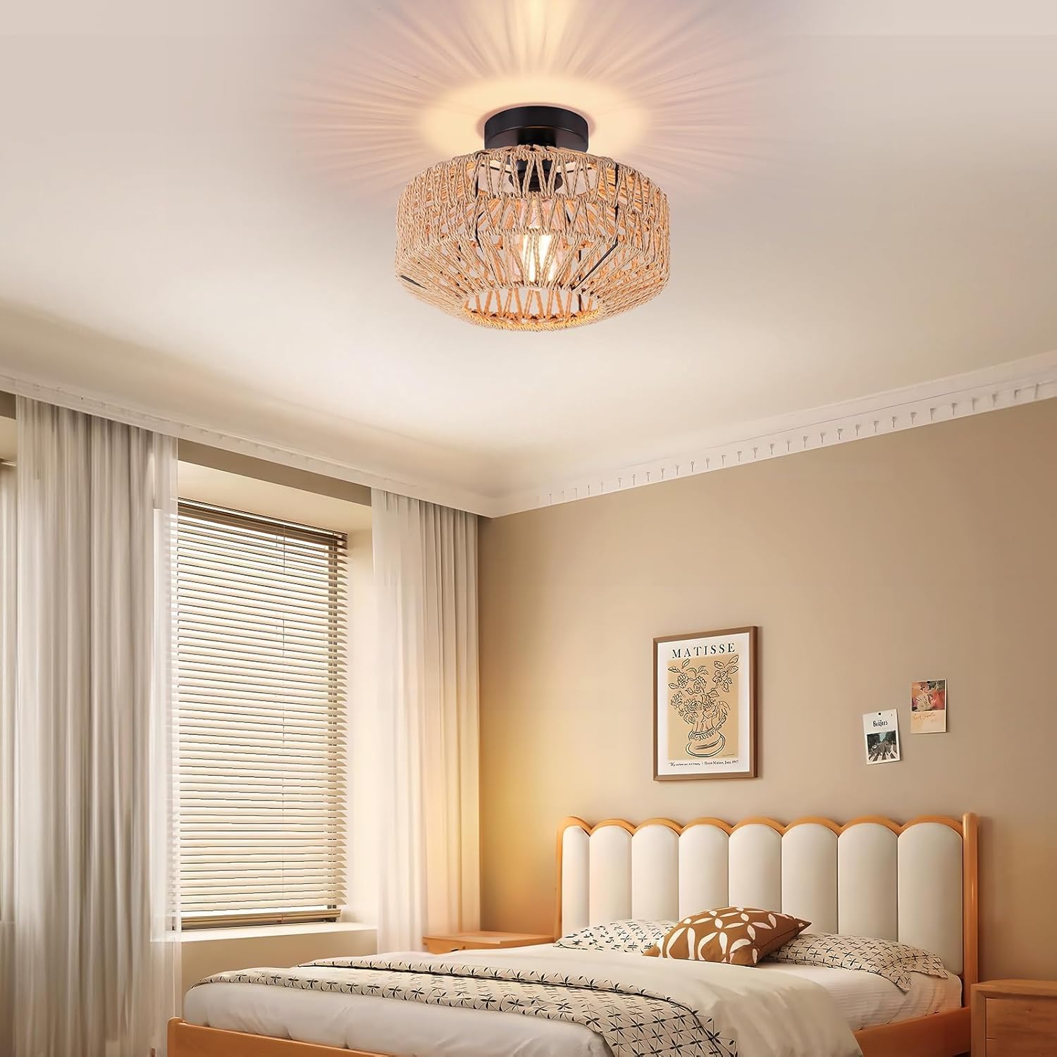 Luces De Techo Tejidas A Mano Boho Rattan Natural E27 Lámpara De Techo