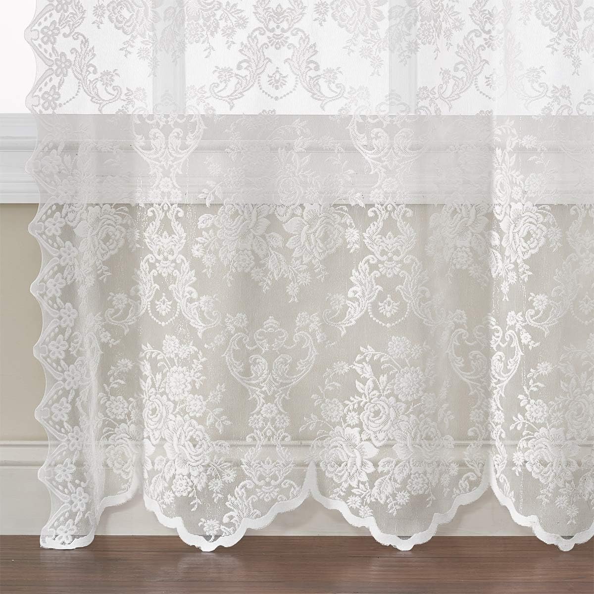 White Lace Floral Sheer Kitchen Window Tier Curtain Set
