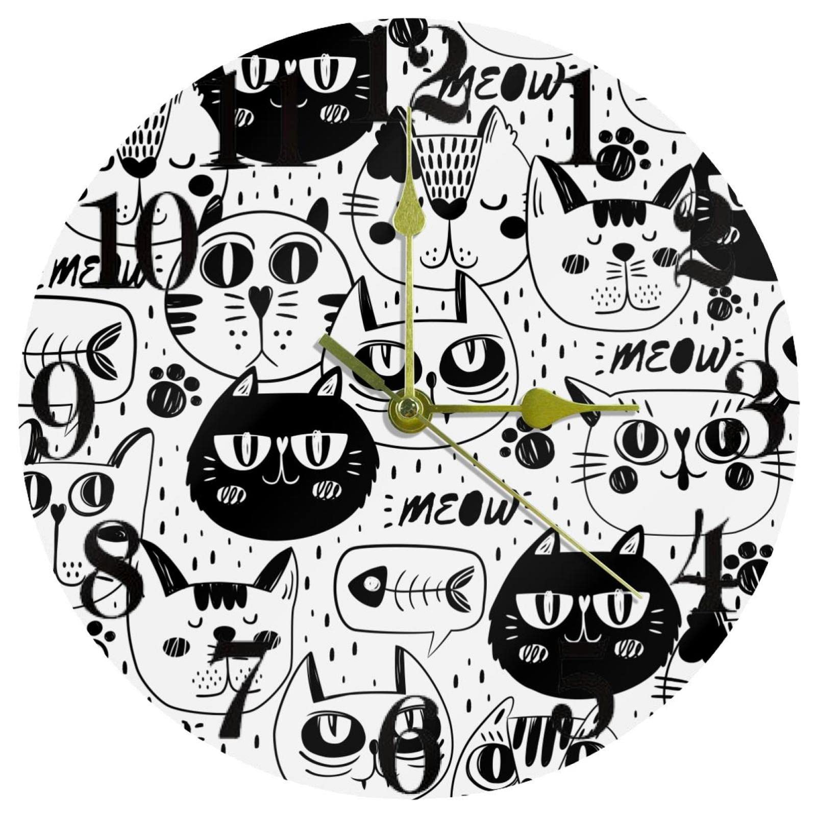 Horloge murale ronde fonctionnant à piles design chat pour décoration salon bureau