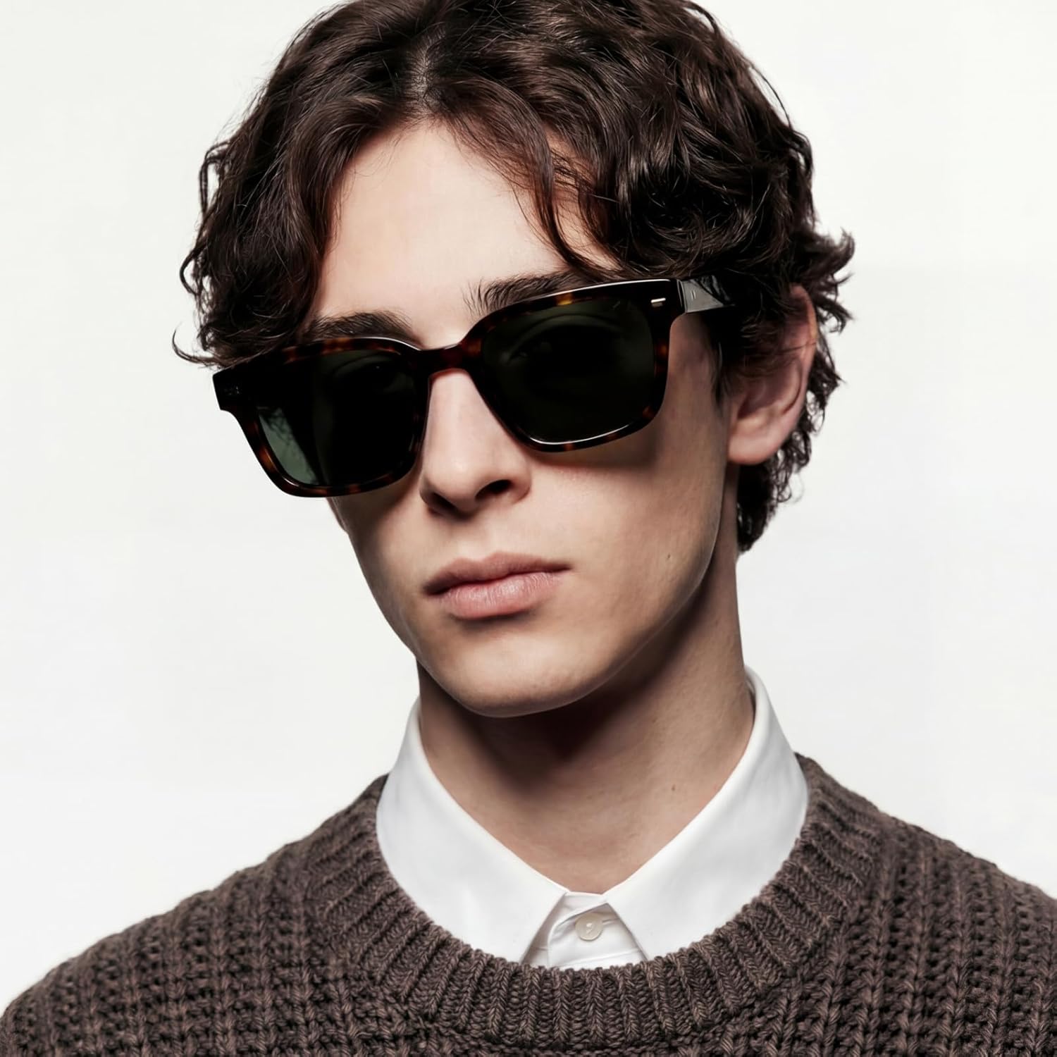 Modern Men’s Acetate Sunglasses – Architectural Square Silhouette with Visible Wire-Core Temple, Polarized UV400 Lens
