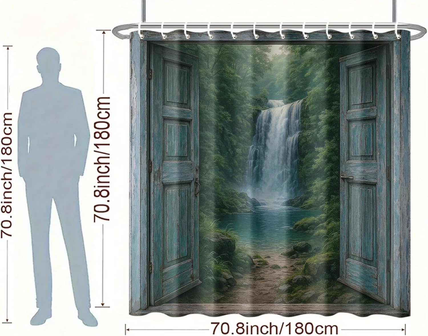 Waterfall Shower Curtain 72x72 Inch Forest Window Bathroom Curtain with Nature View Escape Design Fabric for Rustic Zen Home Decor