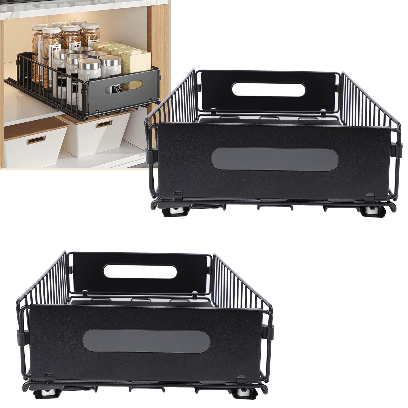 Eujgoov Organiseur d'armoire Extractible, Lot de 2 Paniers Coulissants en Fer pour Cuisine, Salle de Bain, Rangement Sous évier, Support Multifonctionnel avec 38 Pièces pour Casseroles, Poêles,