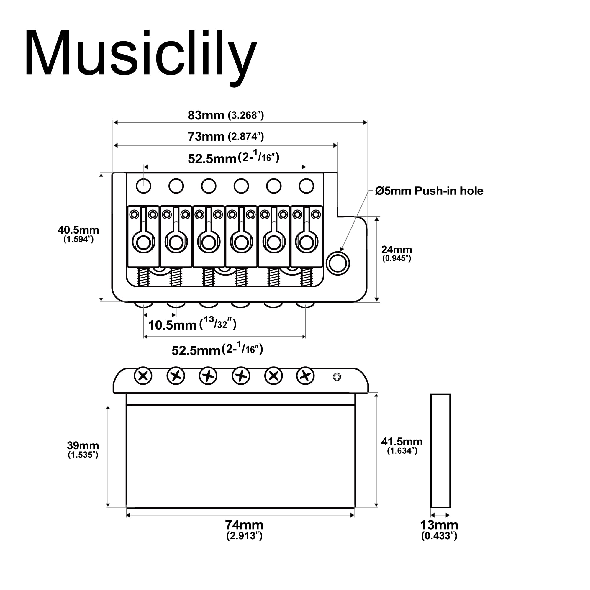 Musiclily Ultra 52,5mm Mosiężny 6 śrub typu Mostek Tremolo Krawędź Noża do Gitary Elektrycznej typu Strat, Nikiel