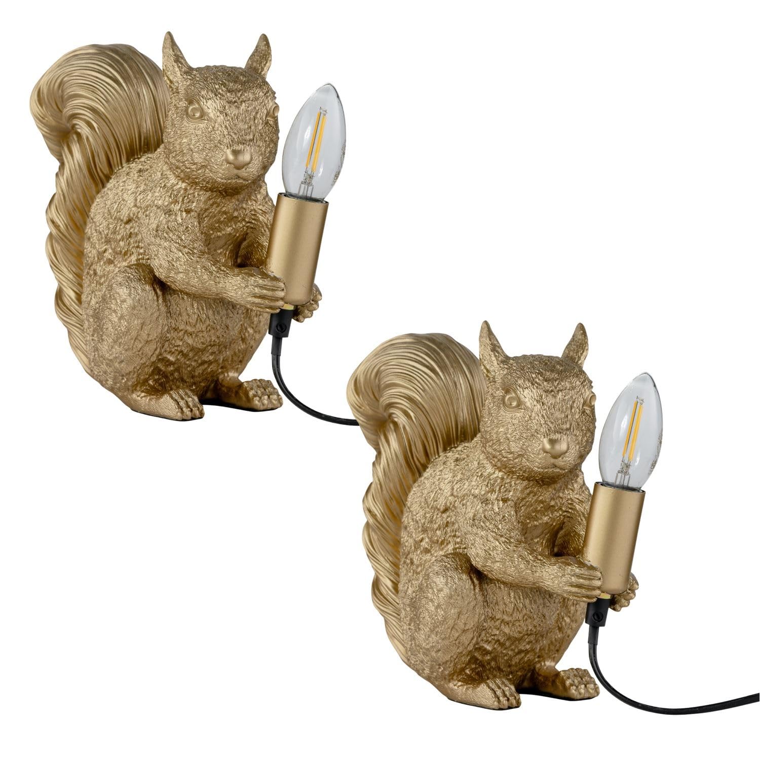 Firstchoicelighting Gold Set Of 2 Squirrel Holding Bulb Table Lamps Or Bedside Lights, Resin Animal, Height 23 Cm, Led Compatible