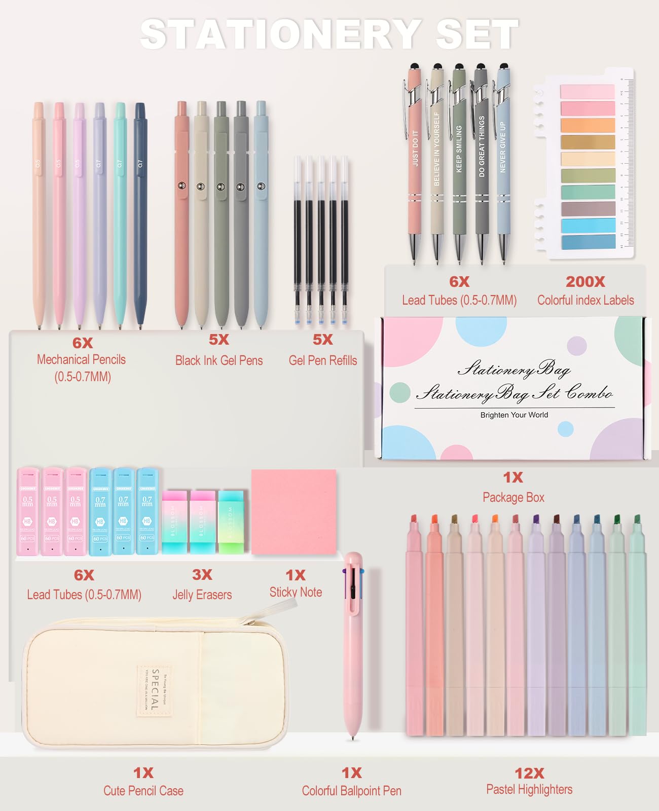 Ästhetisches Schulzubehör mit großem Federmäppchen, 5 inspirierende Kugelschreiber, 12 Pastell-Textmarker, 5 schwarze Gelstifte, 6 Druckbleistifte 0,5–0,7 mm, für Schüler (Beige)