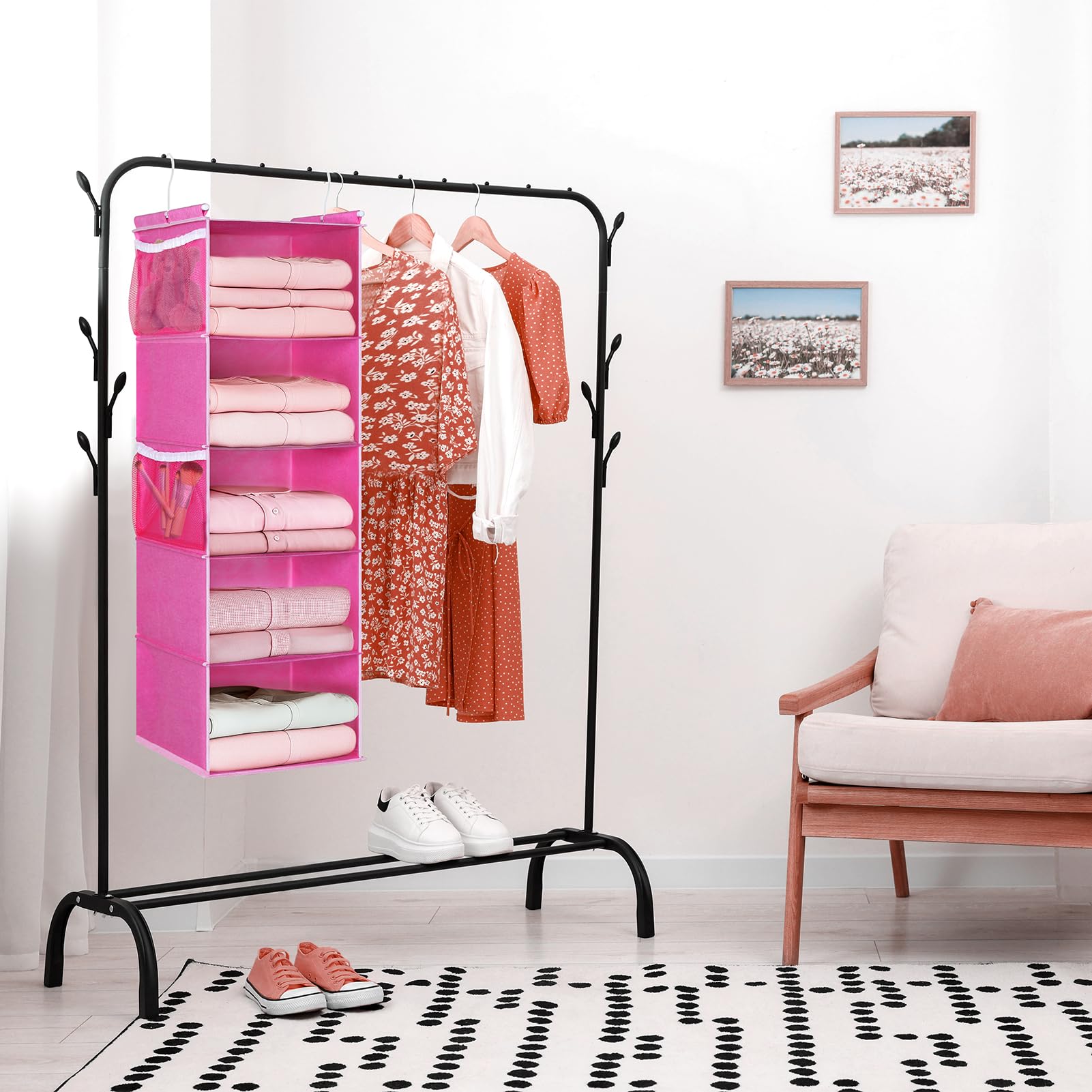 MAX Houser Organizador de armario colgante de 5 estantes, estantes de almacenamiento colgantes con 4 bolsillos laterales, ahorro de espacio para dormitorio, plegable (rosa)