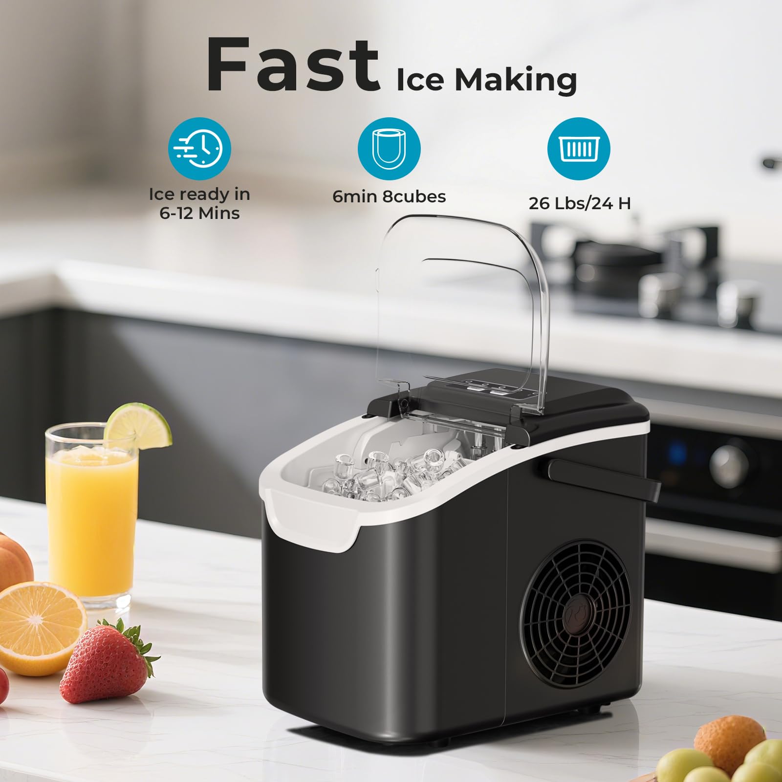 Ice Maker Countertop, 26.5lbs/24hrs, 8 Bullet Ices In 6 Mins – Self-Cleaning Portable Ice Maker With Selectable Ice Size & Touch Display For Home/Office/Bar, Matte Black on Fridge.com - View 3