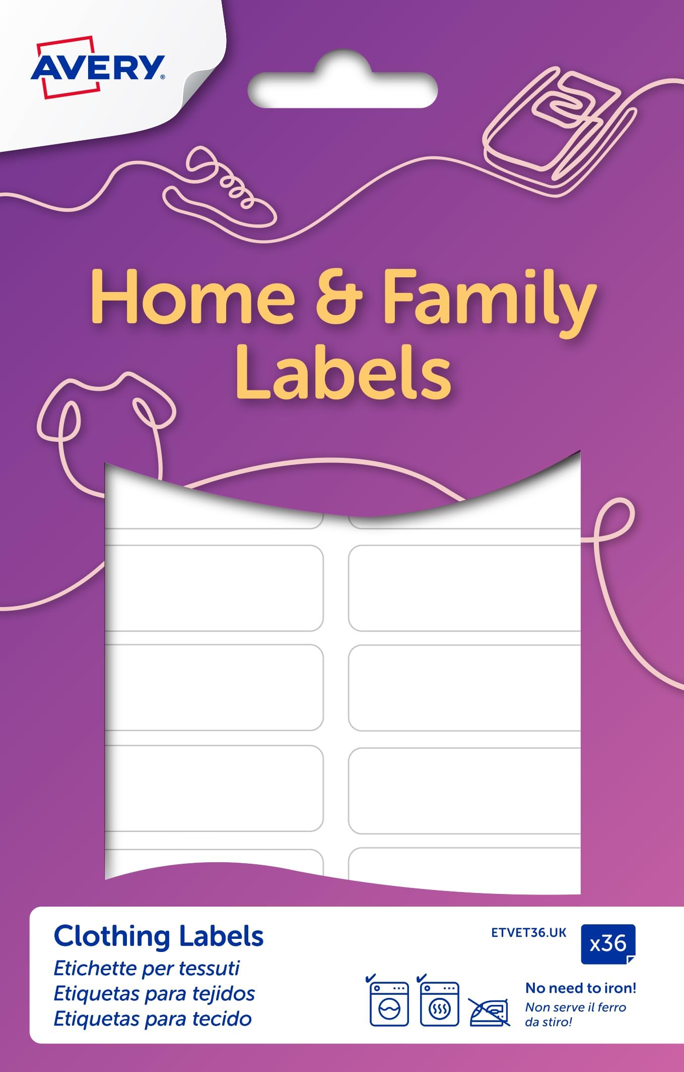 Stick-On Name Labels, No Ironing or Sewing, 45 x 13 mm, 36-Pack, White