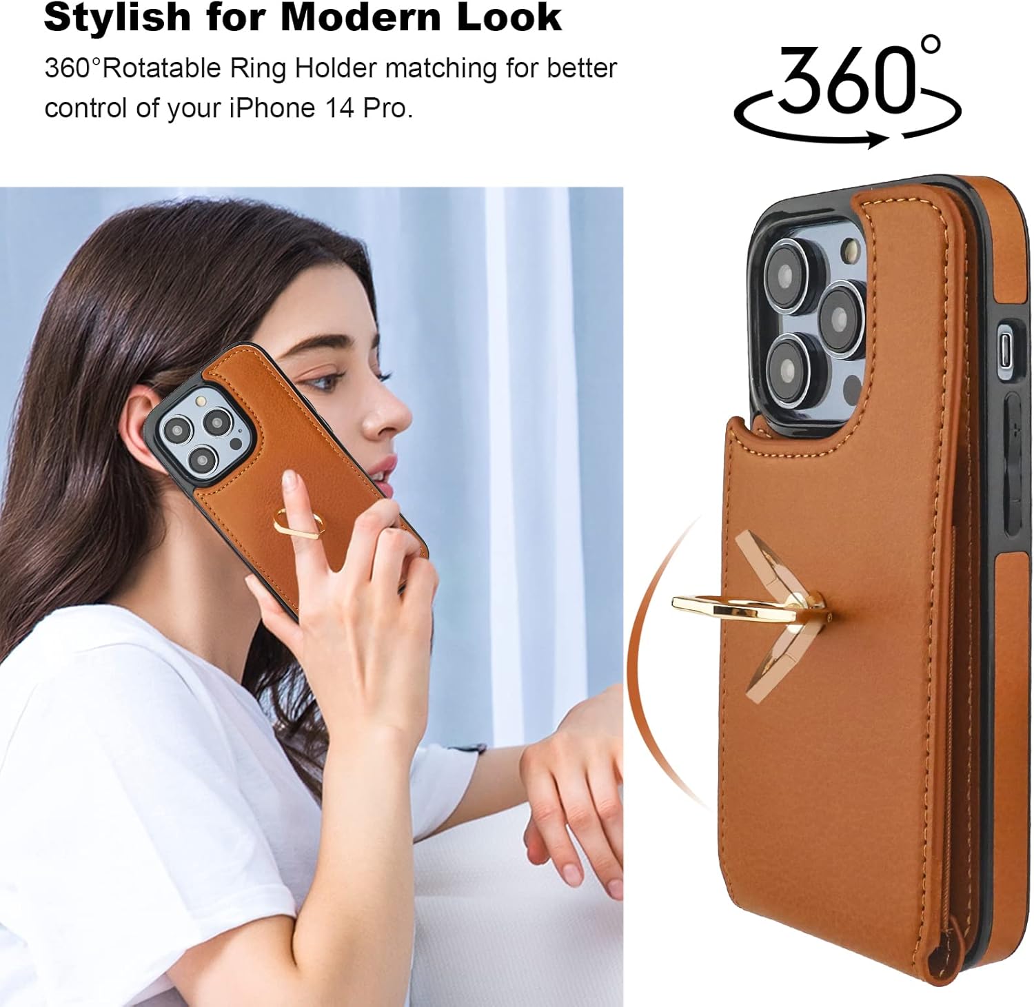 Folosu Compatible with iPhone 14 Pro Case Wallet with Card Holder, 360°Rotation Finger Ring Holder Kickstand, RFID Blocking Leather Protective Double Buttons Shockproof Cover 6.1 Inch Brown