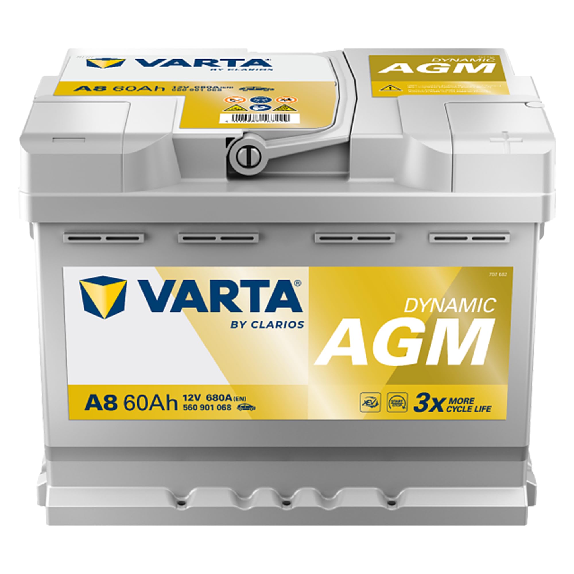 VARTA Automotive DYNAMIC AGM (A8) 12V 60Ah 680A - Nassbatterie für Start-Stopp Systeme und xEV - Starterbatterie für Autos mit höherem Energiebedarf - Wartungsfreie Bleisäurebatterie