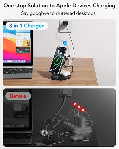 Miniatura 3 de Estación de carga inalámbrica 3 en 1 compatible con Apple, cargador inalámbrico magnético plegable para iPhone 171615141312, Apple Watch Series