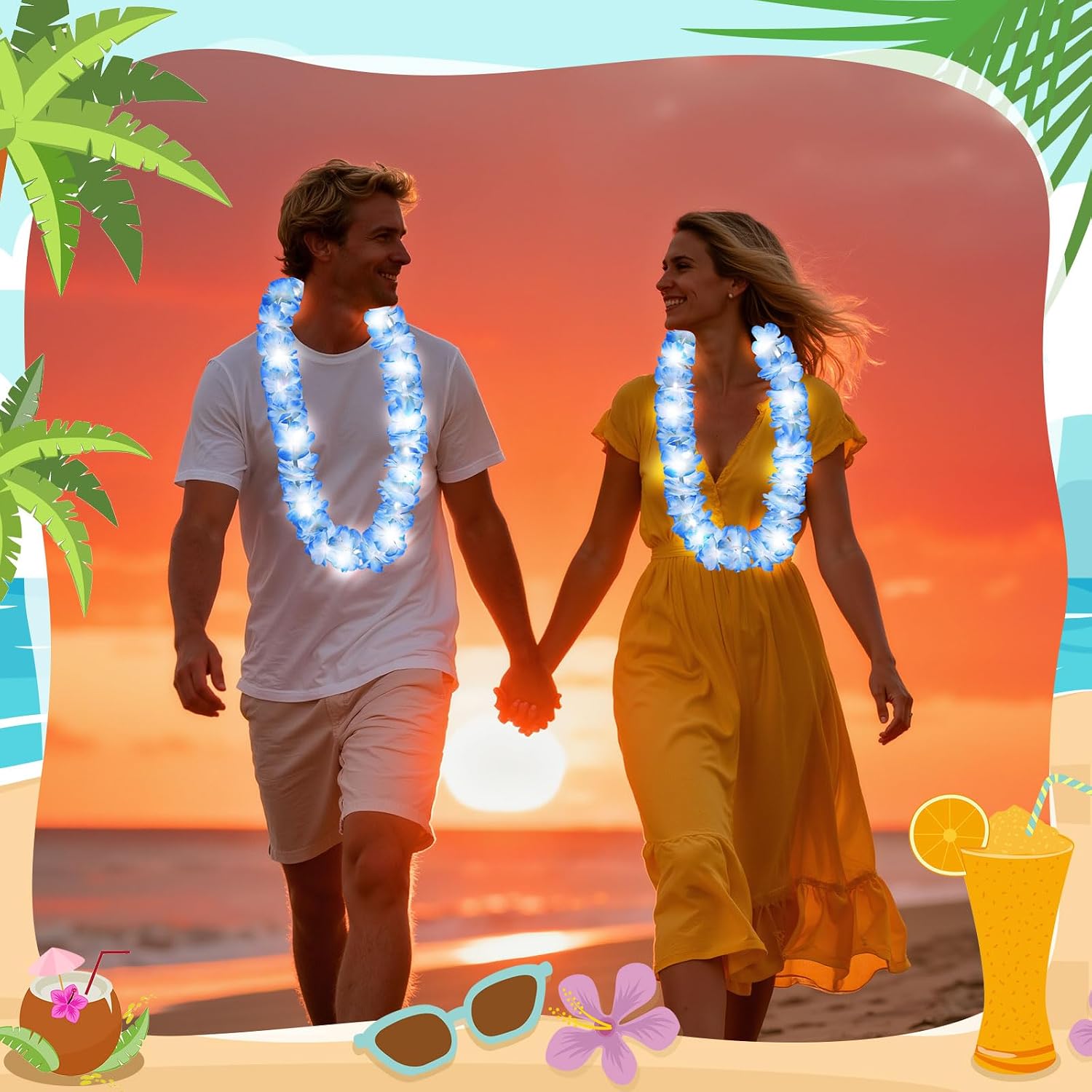 Sherr Light up Hawaiian Leis LED Leis Necklace Flower with LED Lights Luau Flowers for Wedding Masquerade Beach Tropical Halloween Christmas Party Supplies