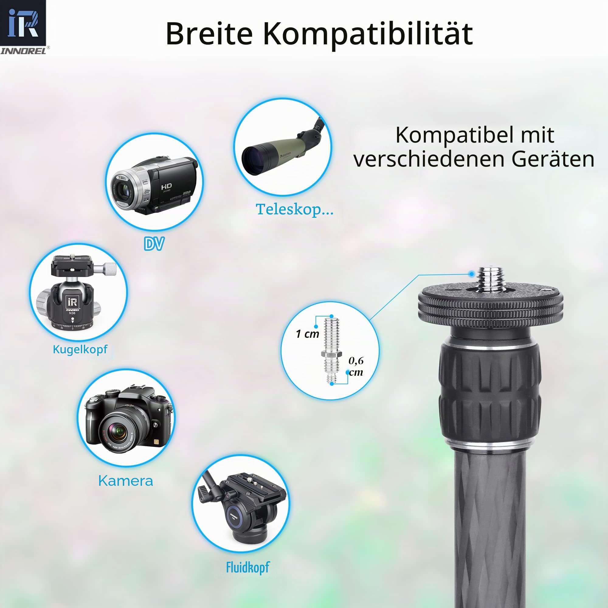 INNOREL ER222C Universal-Verlängerungsstange aus Kohlefaser für Stative mit zweiteiliger Mittelsäule für Stativ, Einbeinstativ, DSLR-Kamera, max. Rohr 22,2 mm