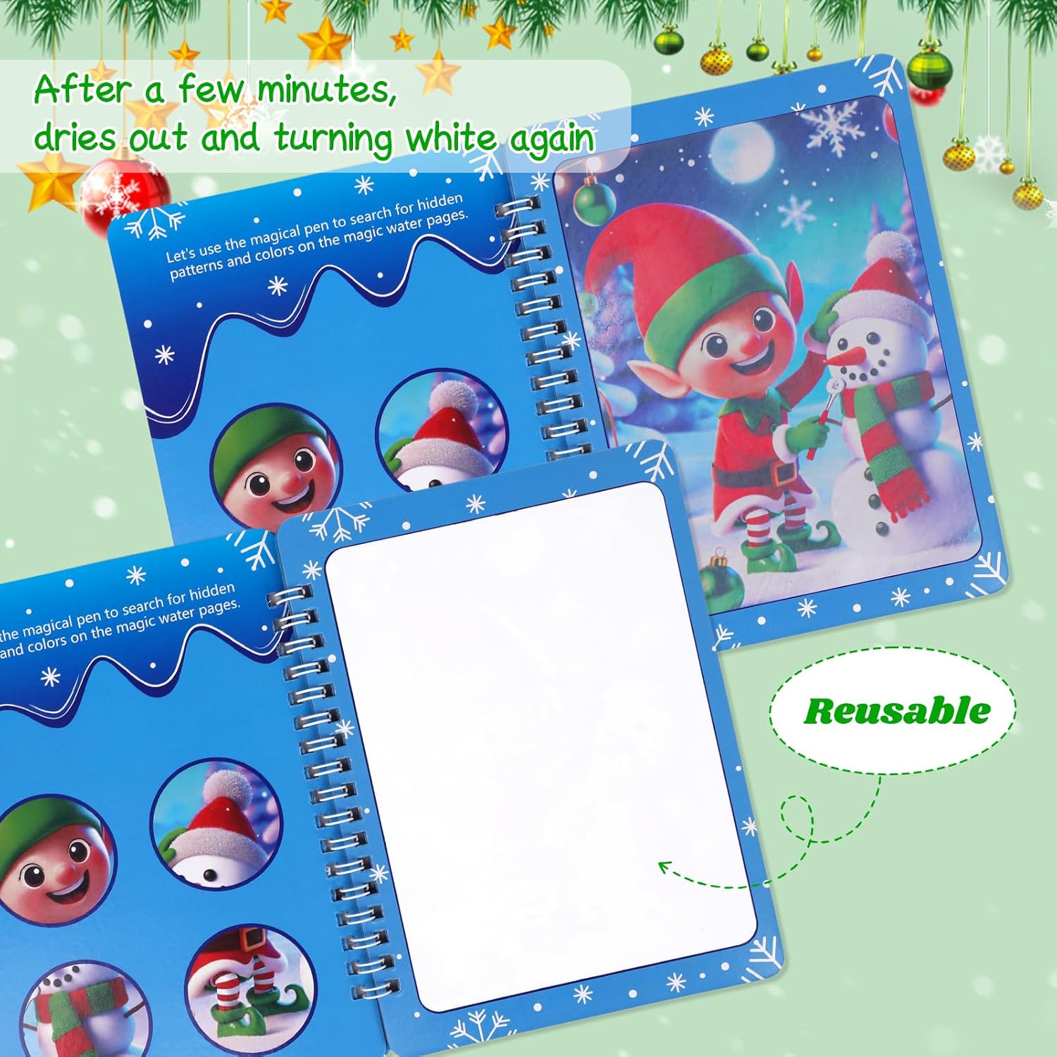 FINGOOO Xmas Water Coloring Books, 5 Pack Watercolor Painting Craft Kits for Kids Drawing Activities Toys Gifts Christmas Stocking Stuffers - Image 3