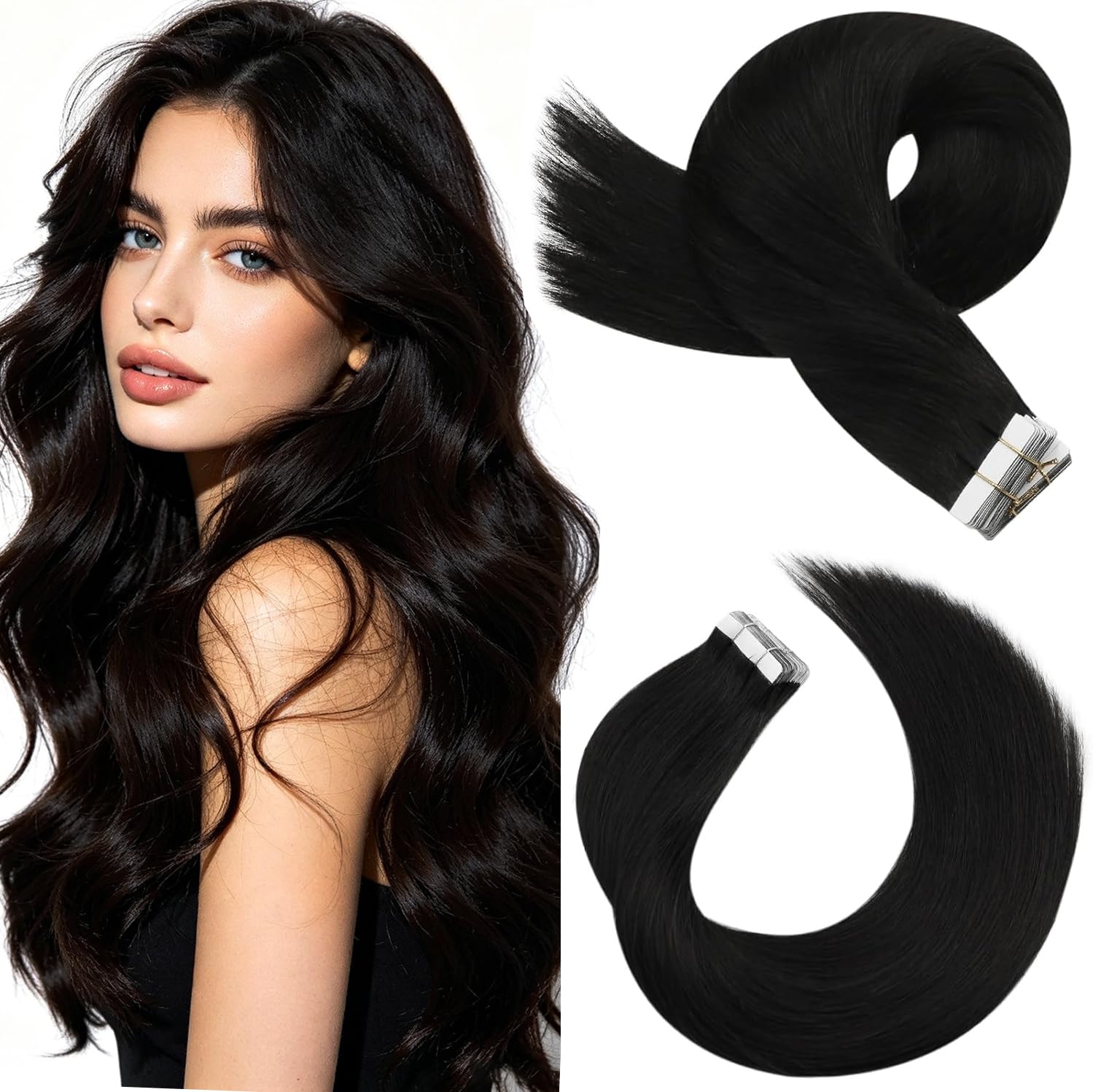 Moresoo Tape Hair Extensions Real Human Hair 18 Inch Jet Black Human Hair Extensions Tape in Black Remy Hair Straight Silky Soft for Women Natural Looking 20pcs/50g #1 — view 60