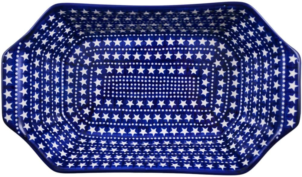 Polmedia Polish Pottery Rectangular Baker with Handles - Midnight Stars Pattern Handmade in Boleslawiec Poland by Ceramika Artystyczna + Certificate of Authenticity