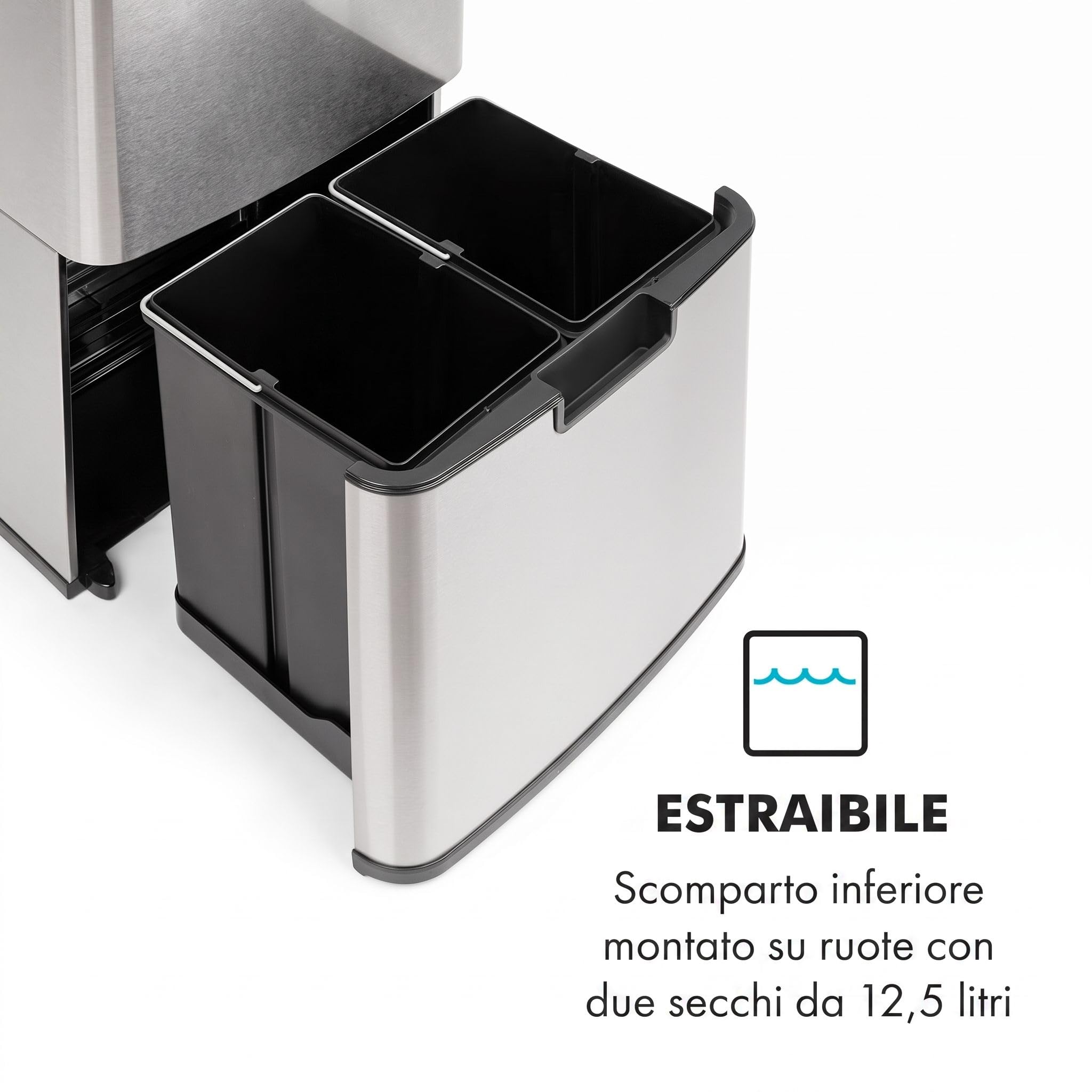 KLARSTEIN Touchless pattumiera a sensore, 72 litri in 4 contenitori: 43 & 2 x 12,5 litri, secchio bio con coperchio: 4 apertura e chiusura automatiche senza contatto, argento