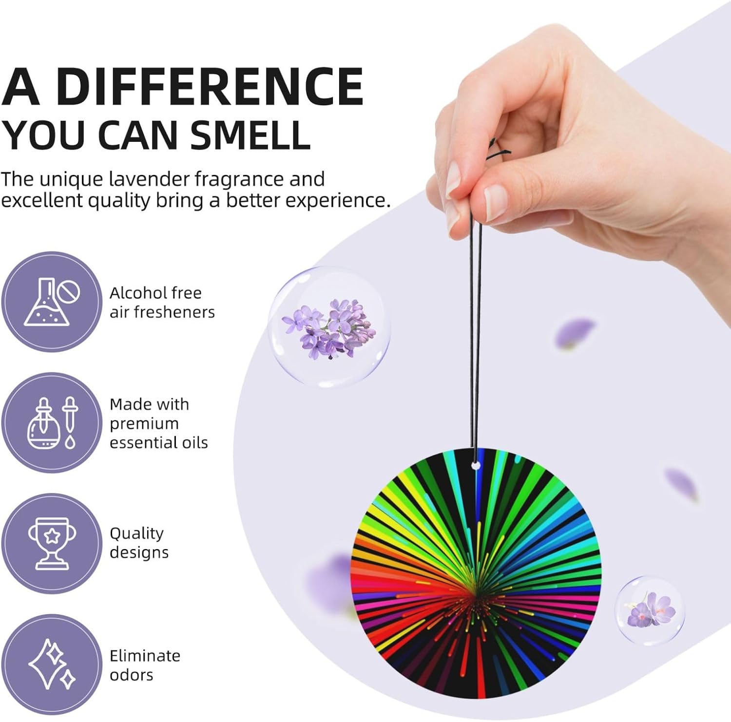 Car Air Freshener 24 PCS Rainbow Colours Hanging Car Air Fresheners Auto Interior Decor Card Freshener Strong Scented Card Lavender Cars Scents for Office Bedroom Close Drawer Round Shape