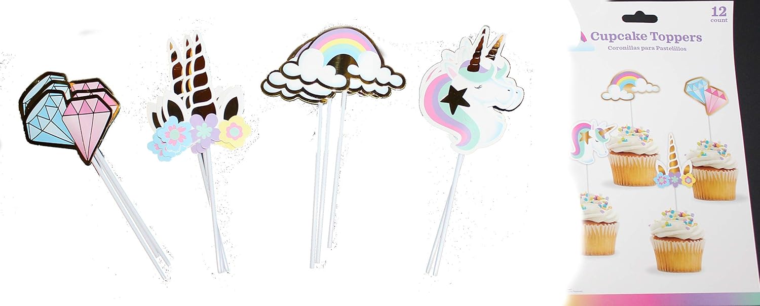 Unicorn Party Supplies - 93 pc Set With Unicorn Themed decorated items, Headbands, Paper Horns, Tablecover, Plates, Straws, Napkins, Cake Topper, Cupcake Toppers, Pin the Horn on the Unicorn Game, Party Favor Bags!!