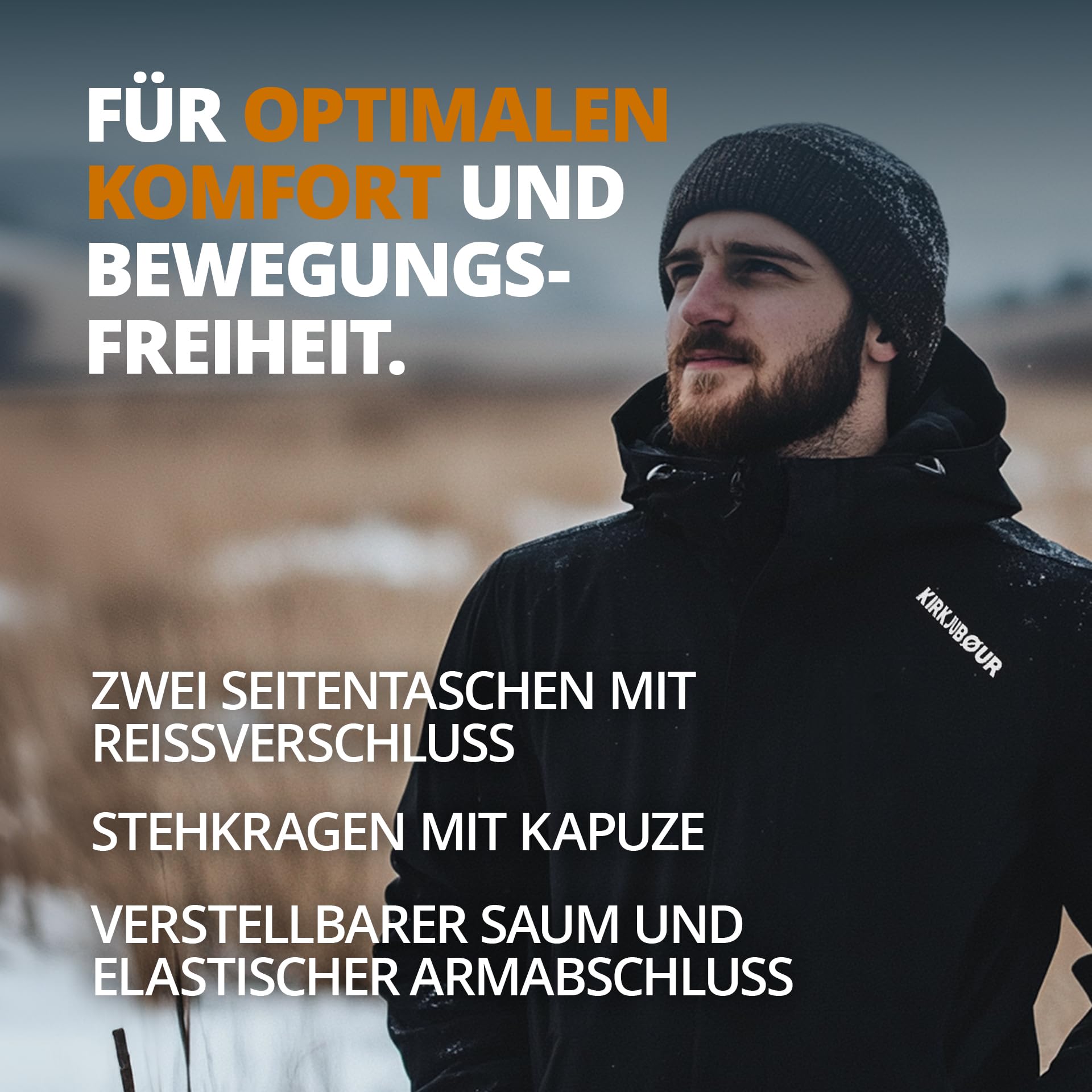 Kirkjubøur® Herren SOFTSHELLjacke 10.000 mm Wassersäule mit Kapuze und Fleecefutter, atmungsaktiv und wasserabweisend