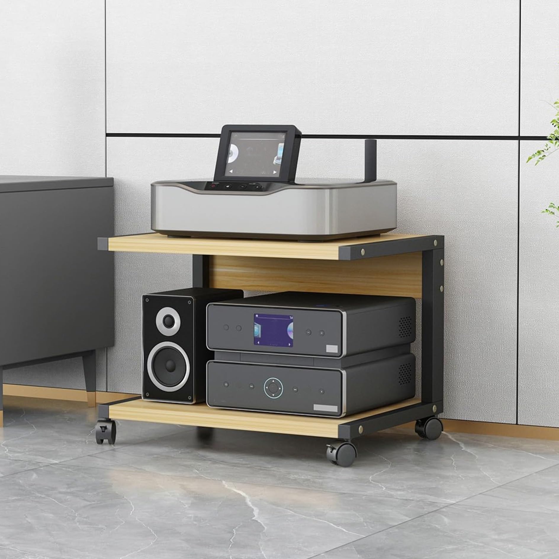 Estante de audio HiFi con ruedas y soporte multimedia de madera con 2 niveles