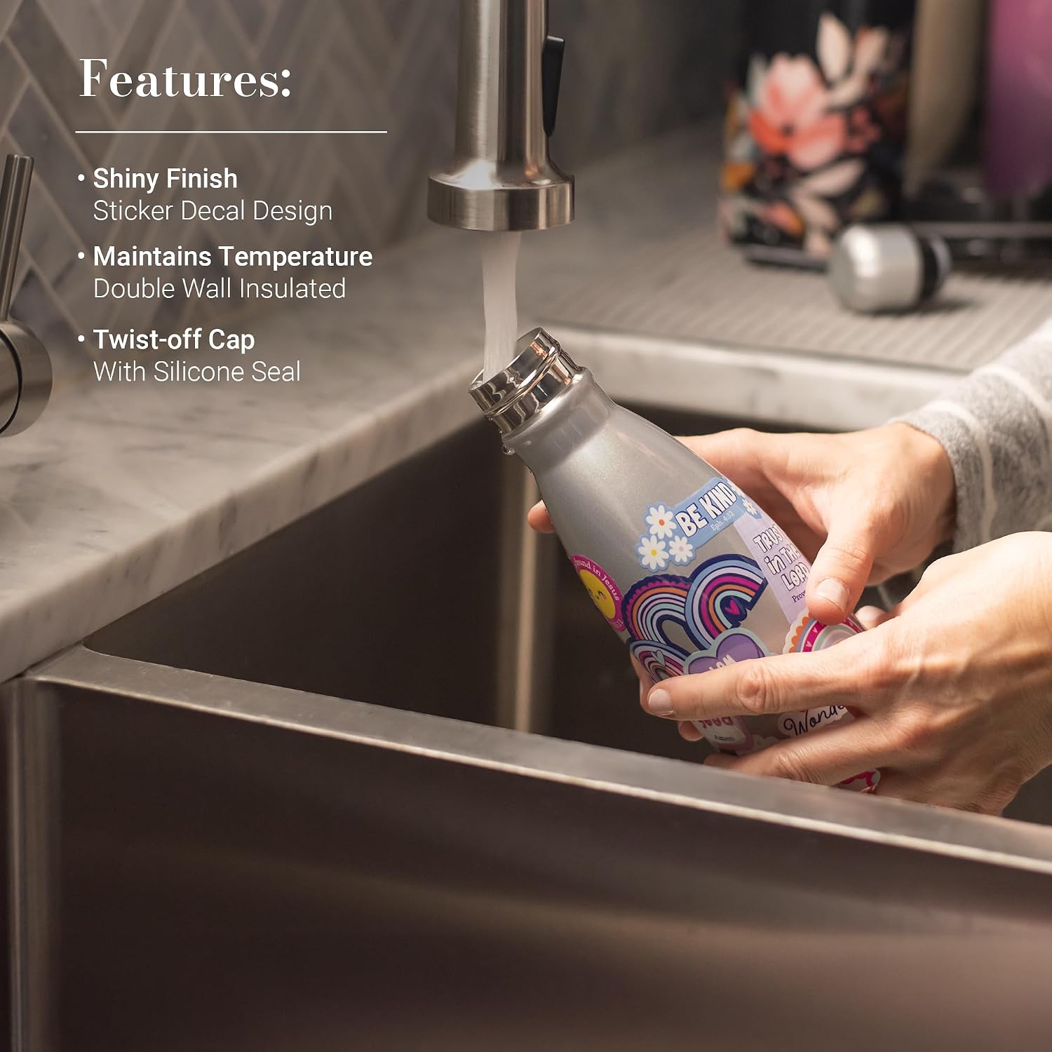 Christian Art Gifts Slim Stainless Steel Water Bottle for Girls: Shine for Jesus Encouraging Scripture, All Day Hot & Cold Liquids, Leak & Spill-proof, Silver Multicolor Floral Sticker Design, 17 oz.