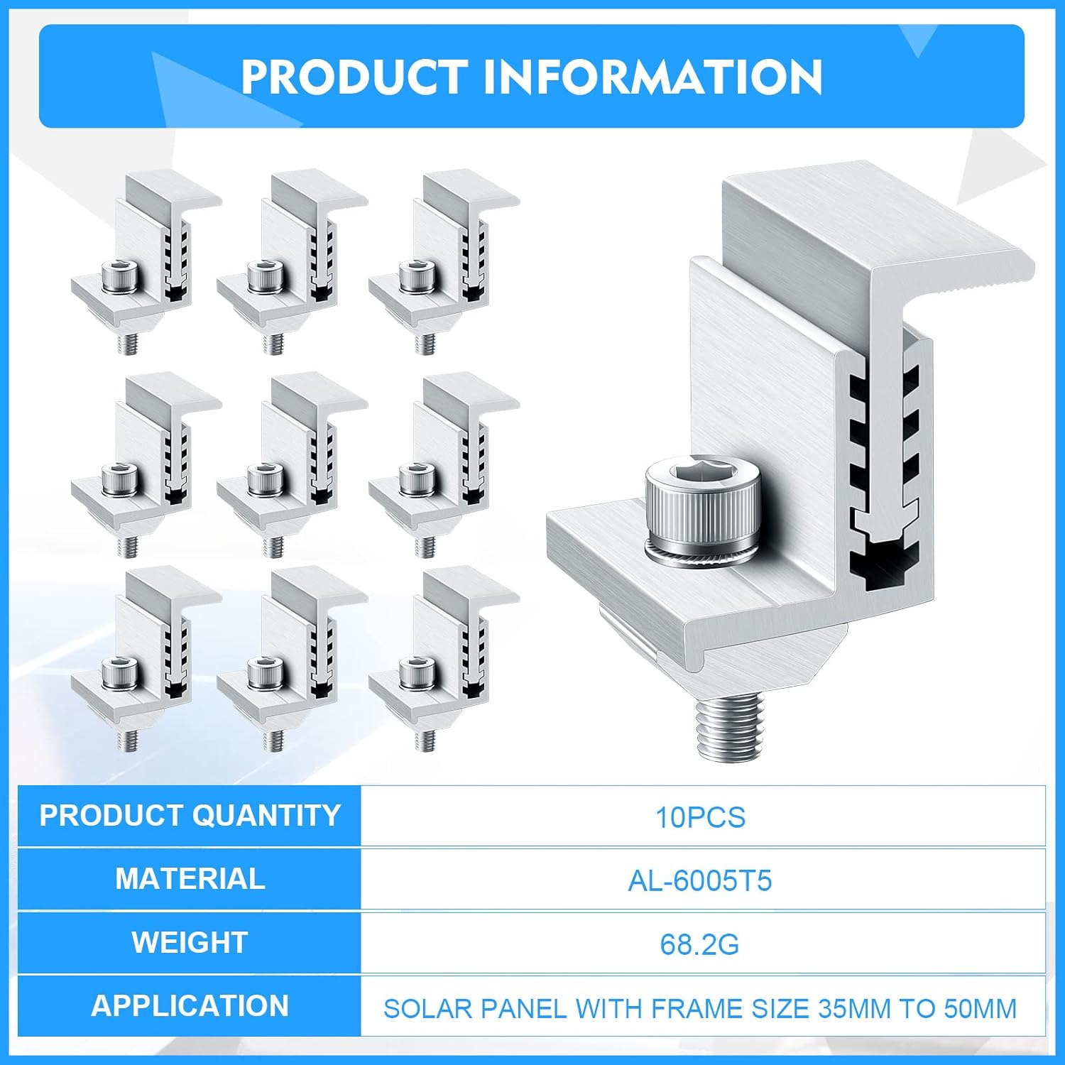 Zhengmy 10 Solar Panel End Clamp Mounting Z Bracket Mid Clamps Aluminum Rail End Clamps Clips Adjustable Panels Grounding Gutter Kit for Pv Mounting System Install Hardware Fasteners Accessory