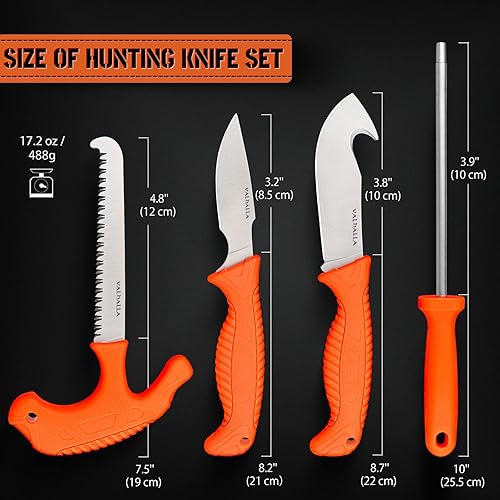 Miniatura 6 de VALHALLA Juego de cuchillos de caza, 4 cuchillos de caza con cuchillo para desollar, cuchillo de capa, sierra de hueso, afilador de cuchillos,