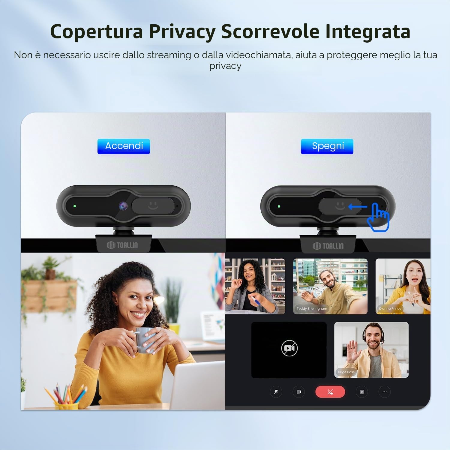 TOALLIN Webcam 4K per PC, 1080P@60FPS, sensore da 1/2,5", autofocus PDAF, microfono integrato e copertura per la privacy, webcam USB per laptop, conferenze, streaming e videochiamate