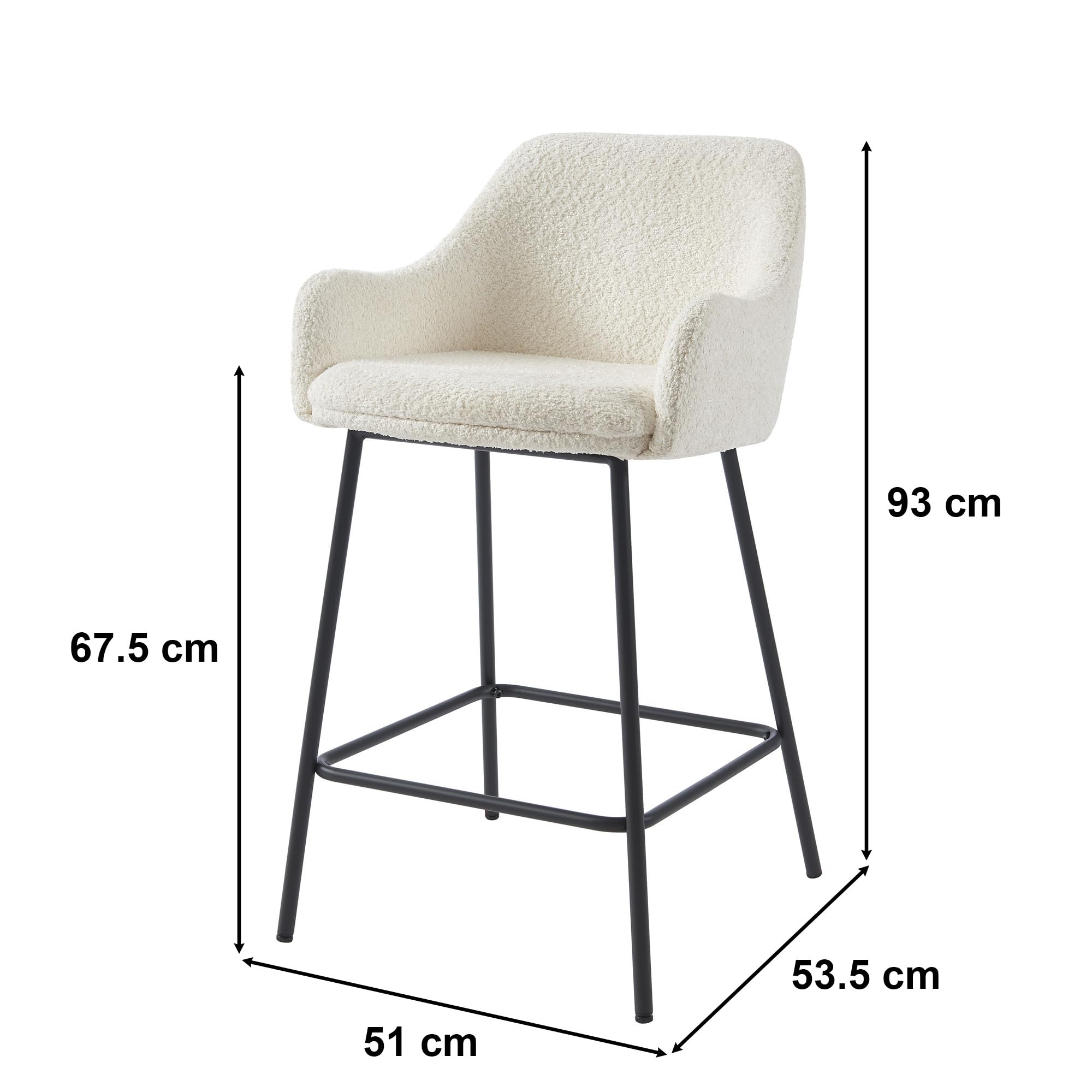 BAÏTA Set di 2 sgabelli da bar NILS in tessuto Bouclette bianco e gambe in metallo nero