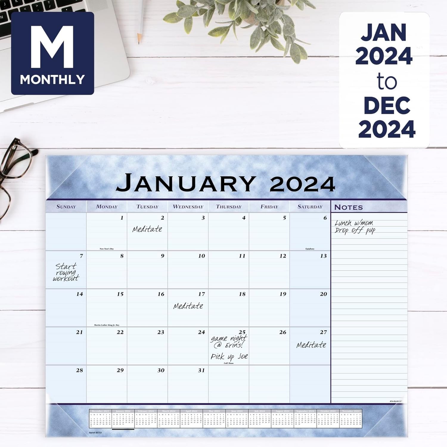 2024 AT-A-GLANCE® Monthly Desk Pad Calendar, 21-3/4" x 17", Slate Blue, January To December 2024, 89701