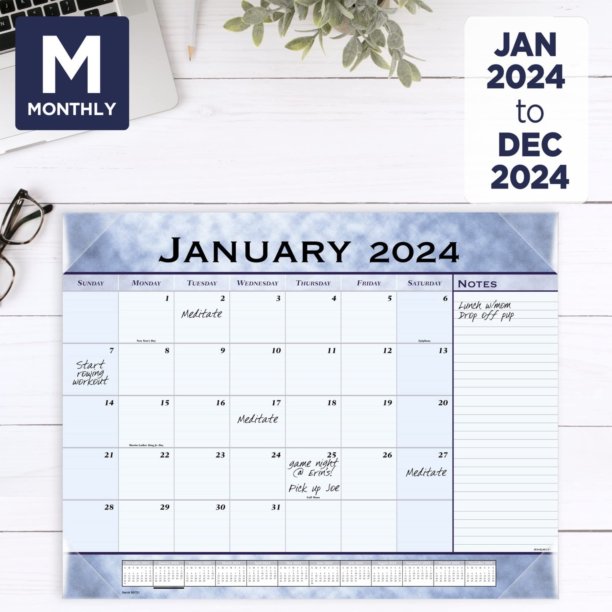 2024 AT-A-GLANCE® Monatlicher Schreibtischunterlage Kalender, 54,5 x 43,2 cm, Schieferblau, Januar bis Dezember 2024, 89701