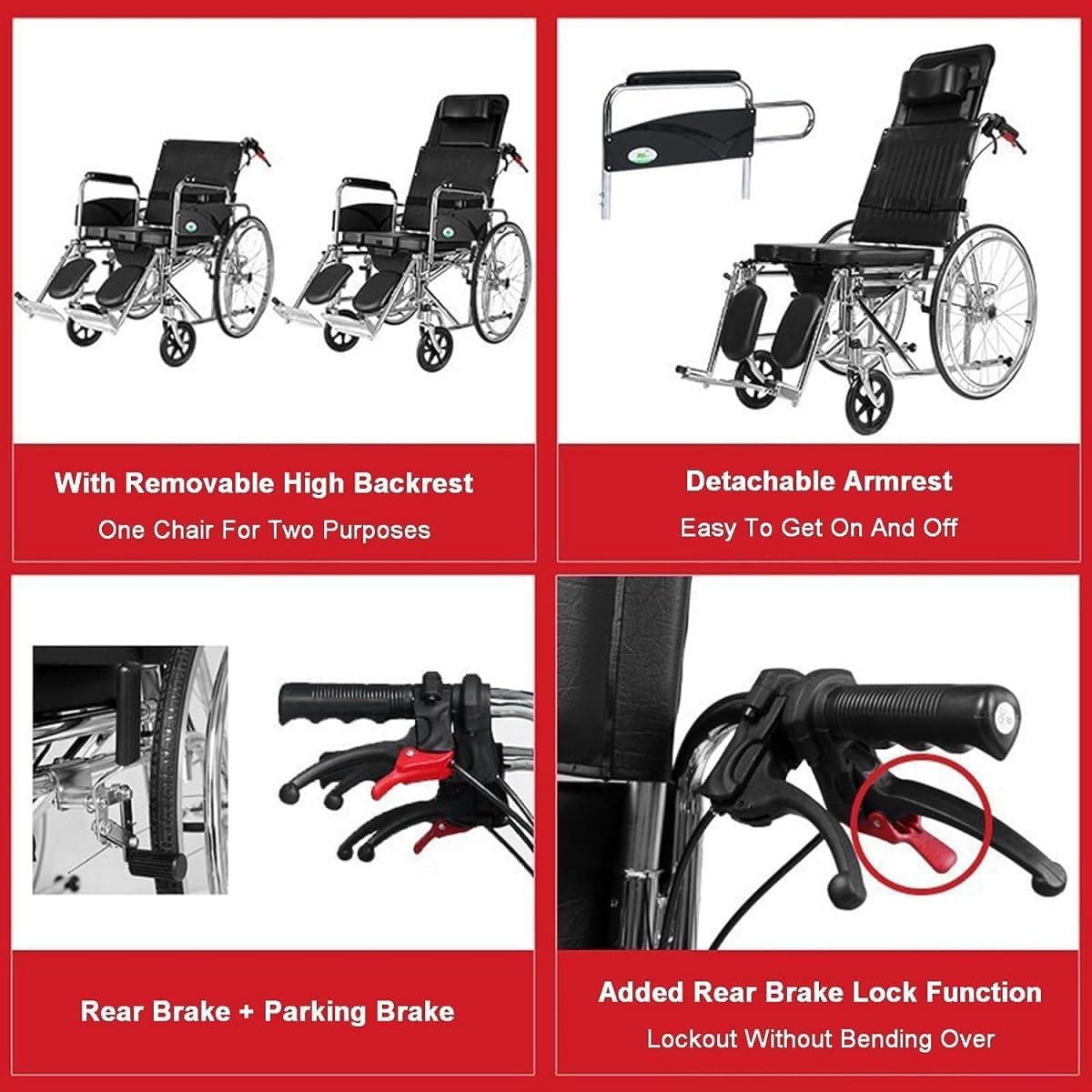 Silla de ruedas Respaldo alto Wheelchai Silla de ruedas manual reclinada Marco de aluminio plegable ligero Silla de ruedas Mesa pequeña Orinal Sillas de ruedas