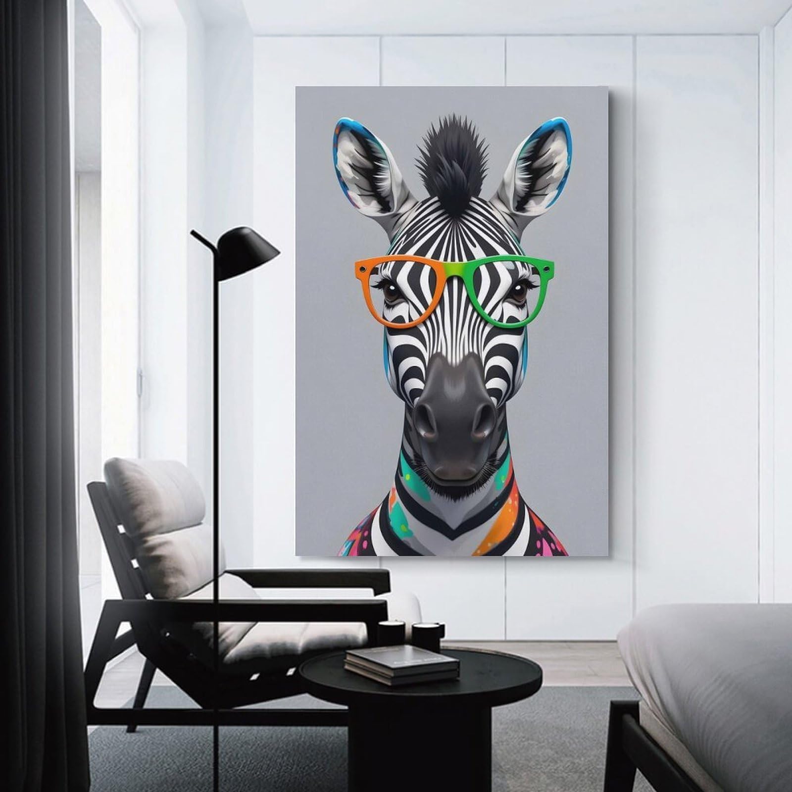 Junmoney Unframe-Style-4 Colorful Portrait Of A Zebra With Glasses Canvas Wall Decor, 24X36inch(60X90cm), For Flats, Guest Rooms Or Compact Rooms, Decorative Canvas Decor For Home Updates